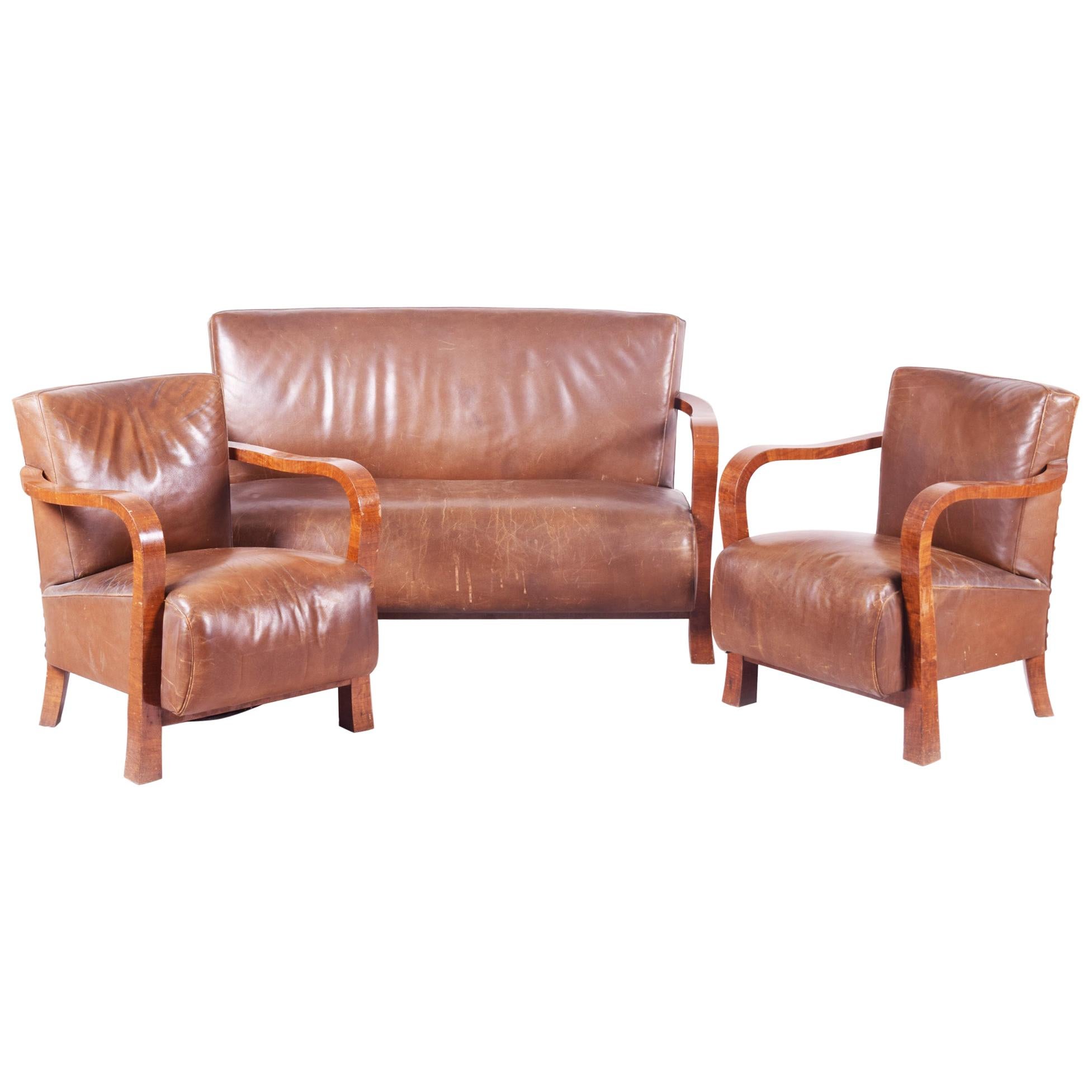 Brown Walnut Art Deco Three-Piece Suite, Preserved Condition and Leather, 1930s For Sale