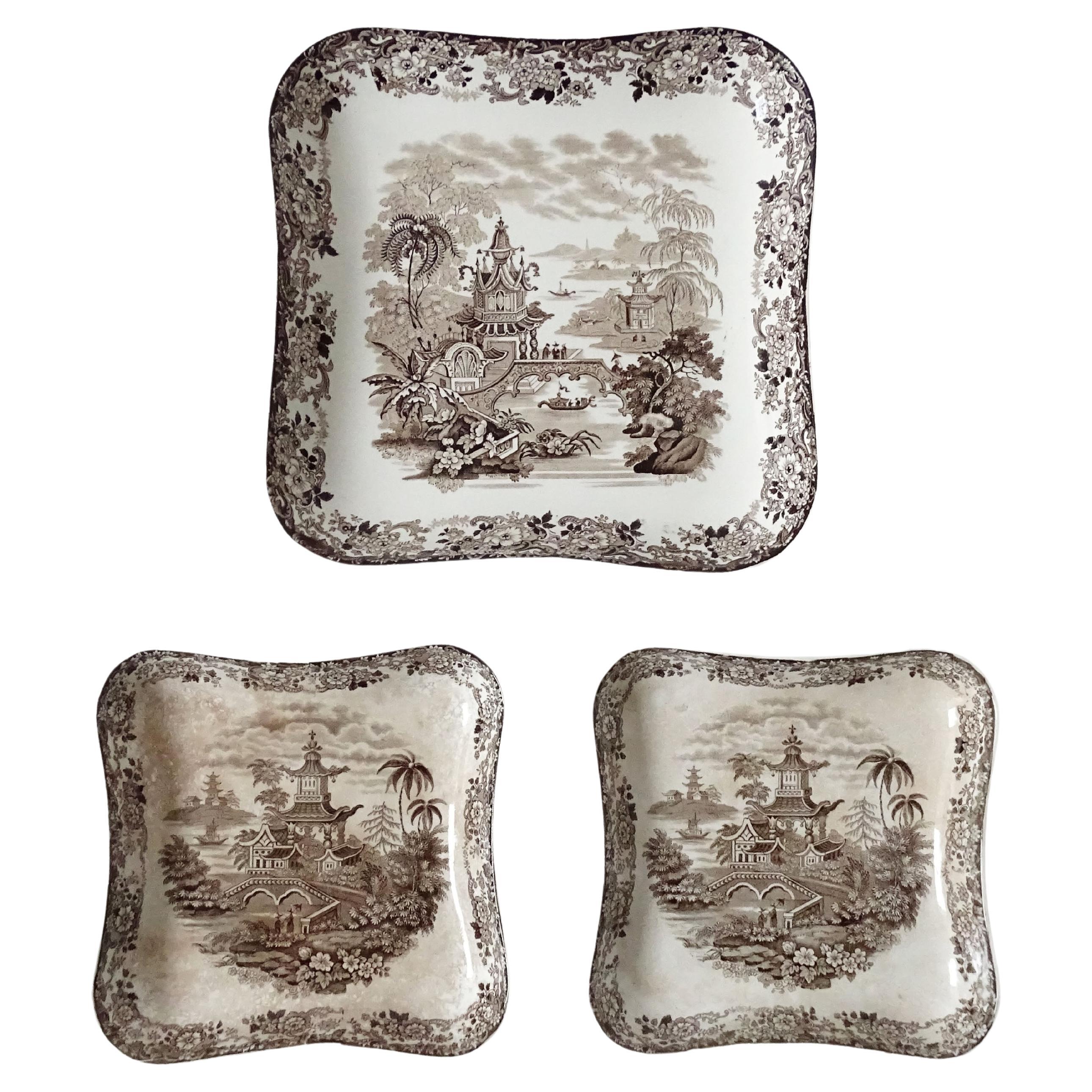Brown Wedgewood Transferware wall plates England, 1880s For Sale