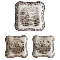 Used Brown Wedgewood Transferware wall plates England, 1880s