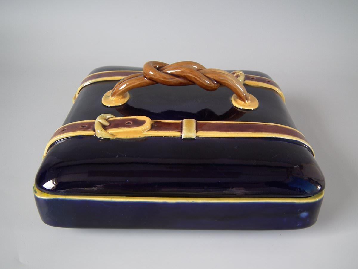 Late 19th Century Brown Westhead Moore and Co. Majolica Belted Suitcase Box and Cover For Sale