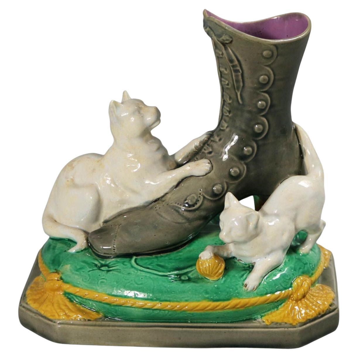 Brown Westhead Moore & Co Majolica Kittens Vase