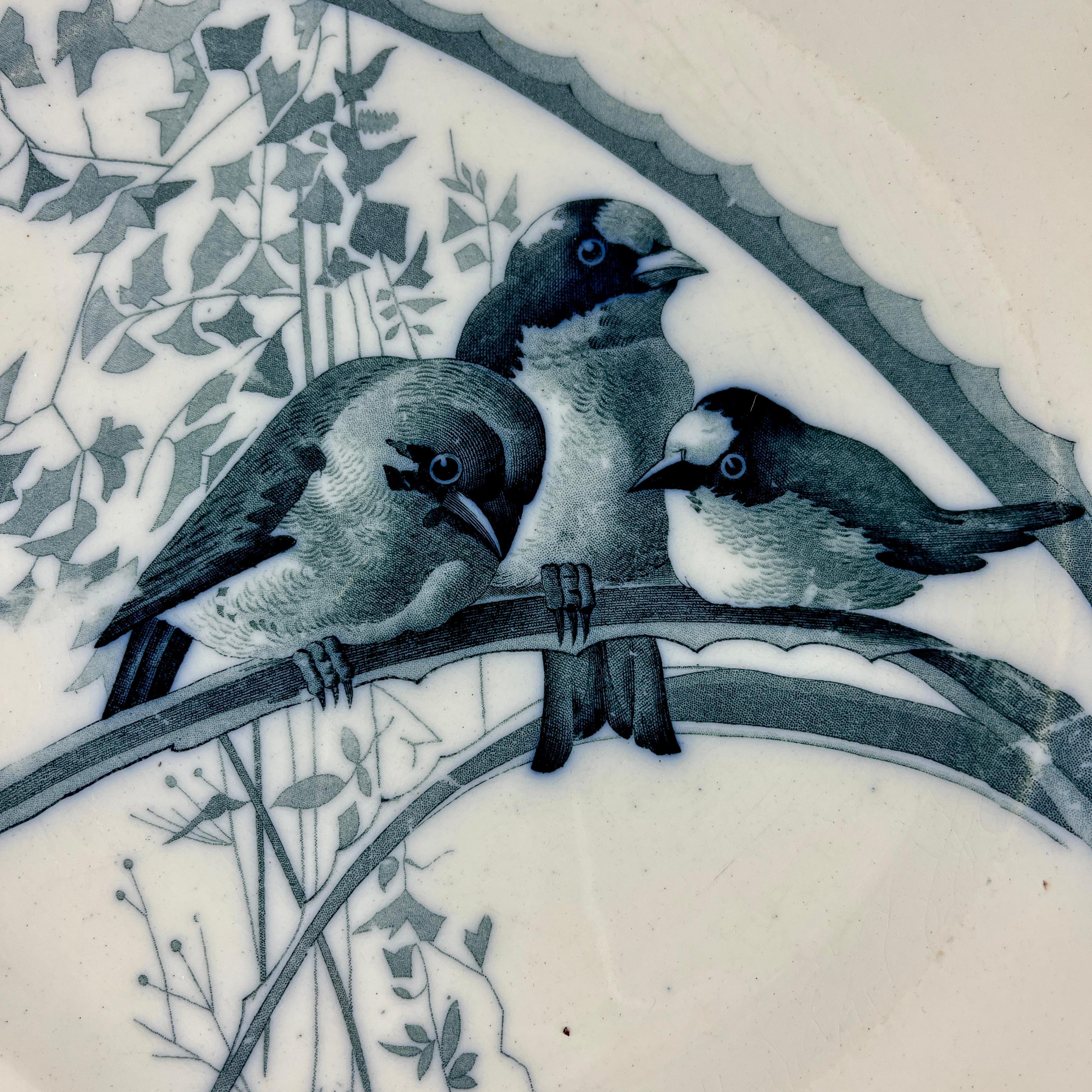 From Brown Westhead and Moore Potteries, Staffordshire England, a plate from the Canova pattern series c. 1870

A transfer printed bird themed pattern in dark blue on a creamy ironstone ground with a scalloped rim.
Designed by Pierre Mallet, in