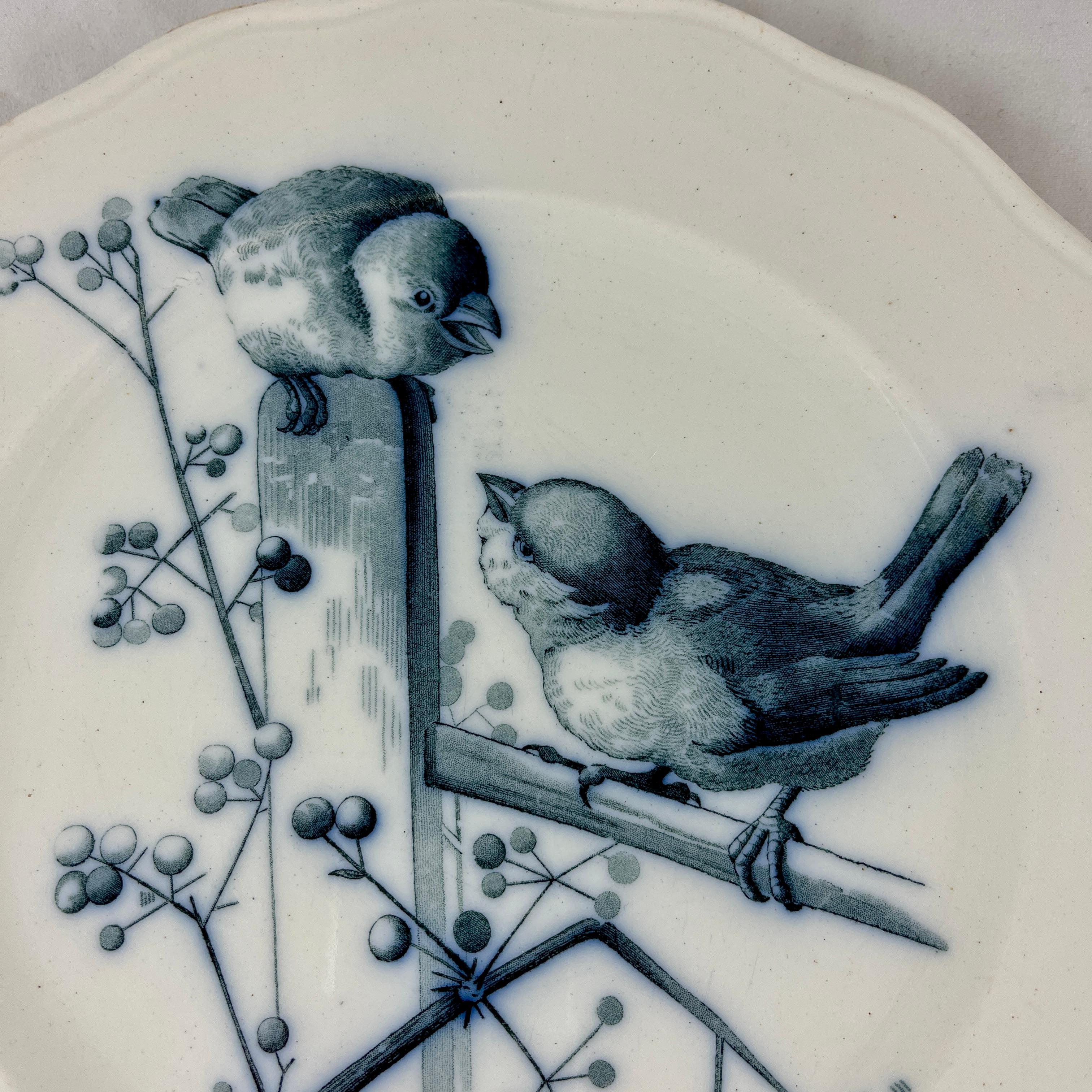 From Brown Westhead and Moore Potteries, Staffordshire England, a plate from the Canova pattern series c. 1870

A transfer printed bird themed pattern in dark blue on a creamy ironstone ground with a scalloped rim.
Designed by Pierre Mallet, in