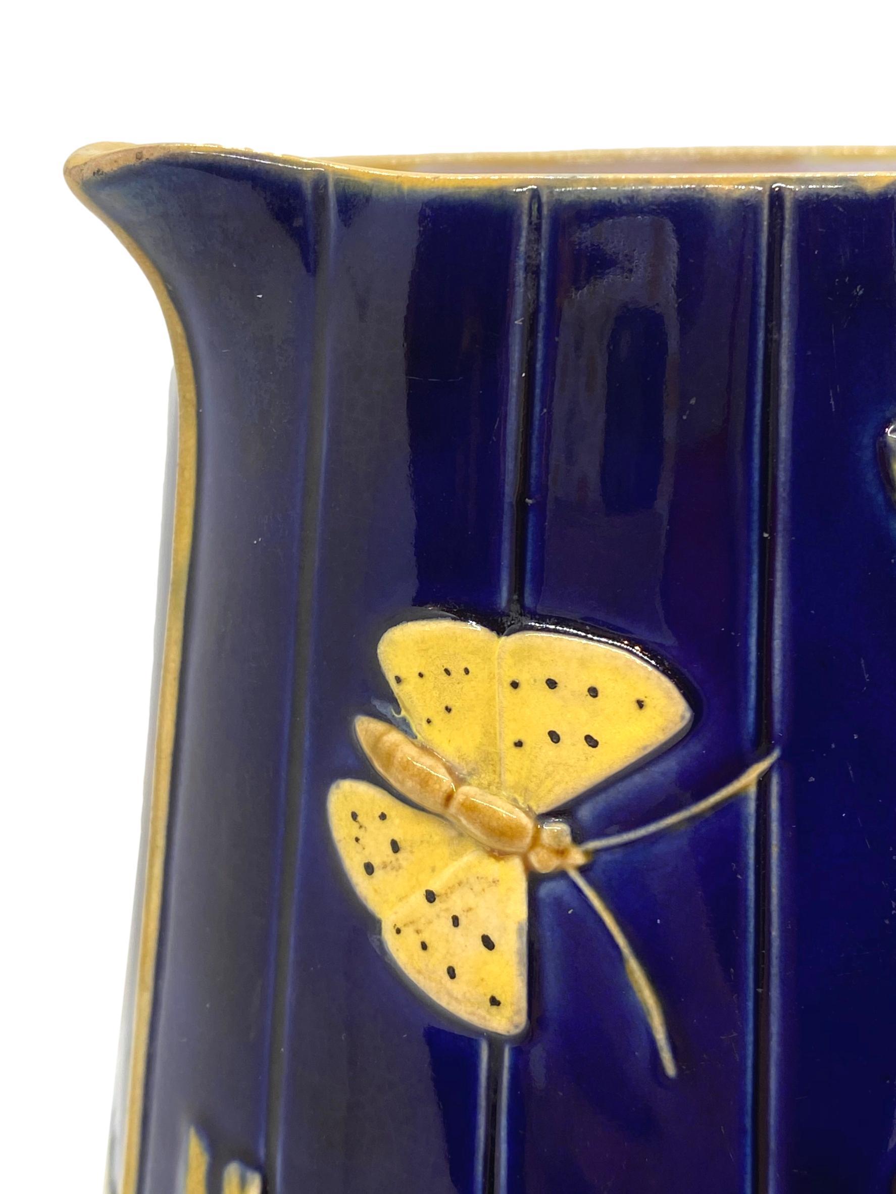 Molded Brown-Westhead Moore Majolica Butterfly and Basketweave Pitcher, Cobalt, c. 1873