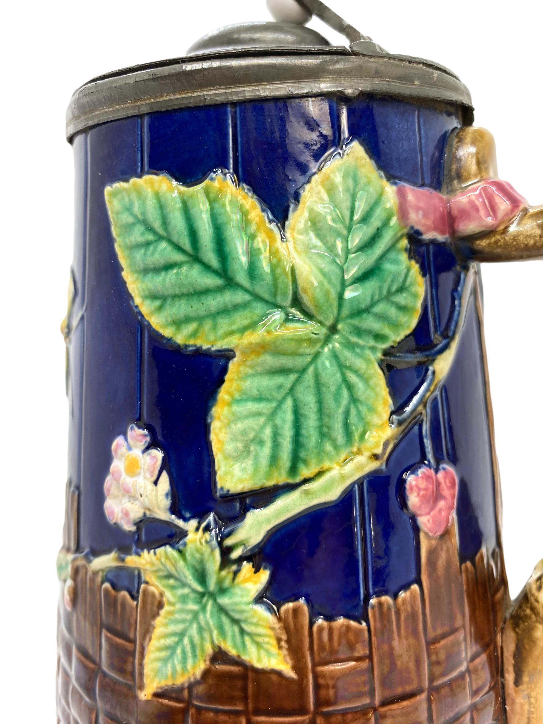 Molded Brown-Westhead Moore Majolica Butterfly Pitcher, Pewter Lid, Cobalt, c. 1873