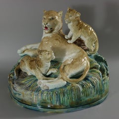 Brown Westhead Moore Majolica Lioness & Cubs Vase