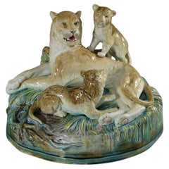 Brown Westhead Moore Majolica Lioness & Cubs Vase