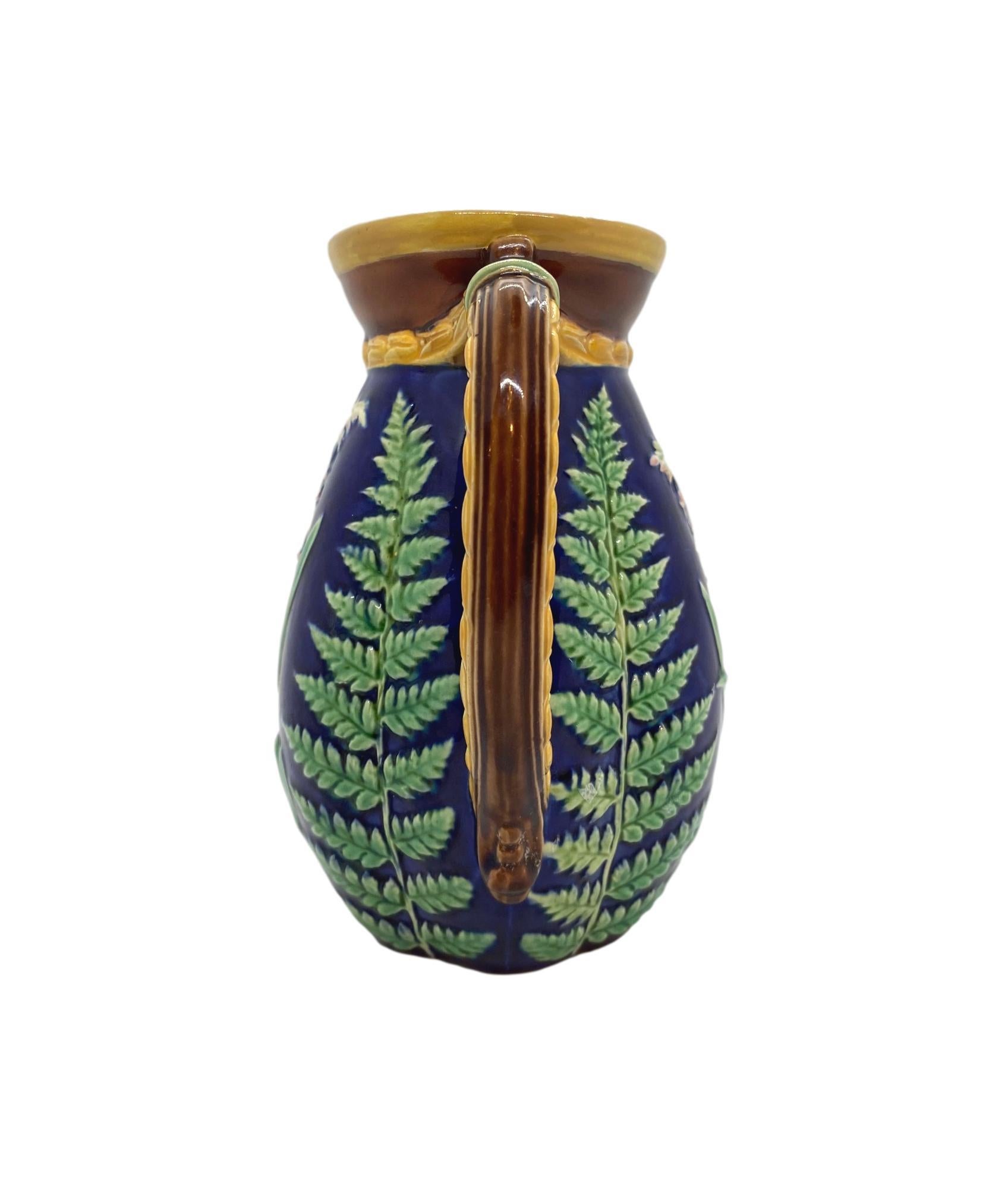 English Brown-Westhead Moore Majolica Pitcher Lilies of the Valley and Ferns on Cobalt