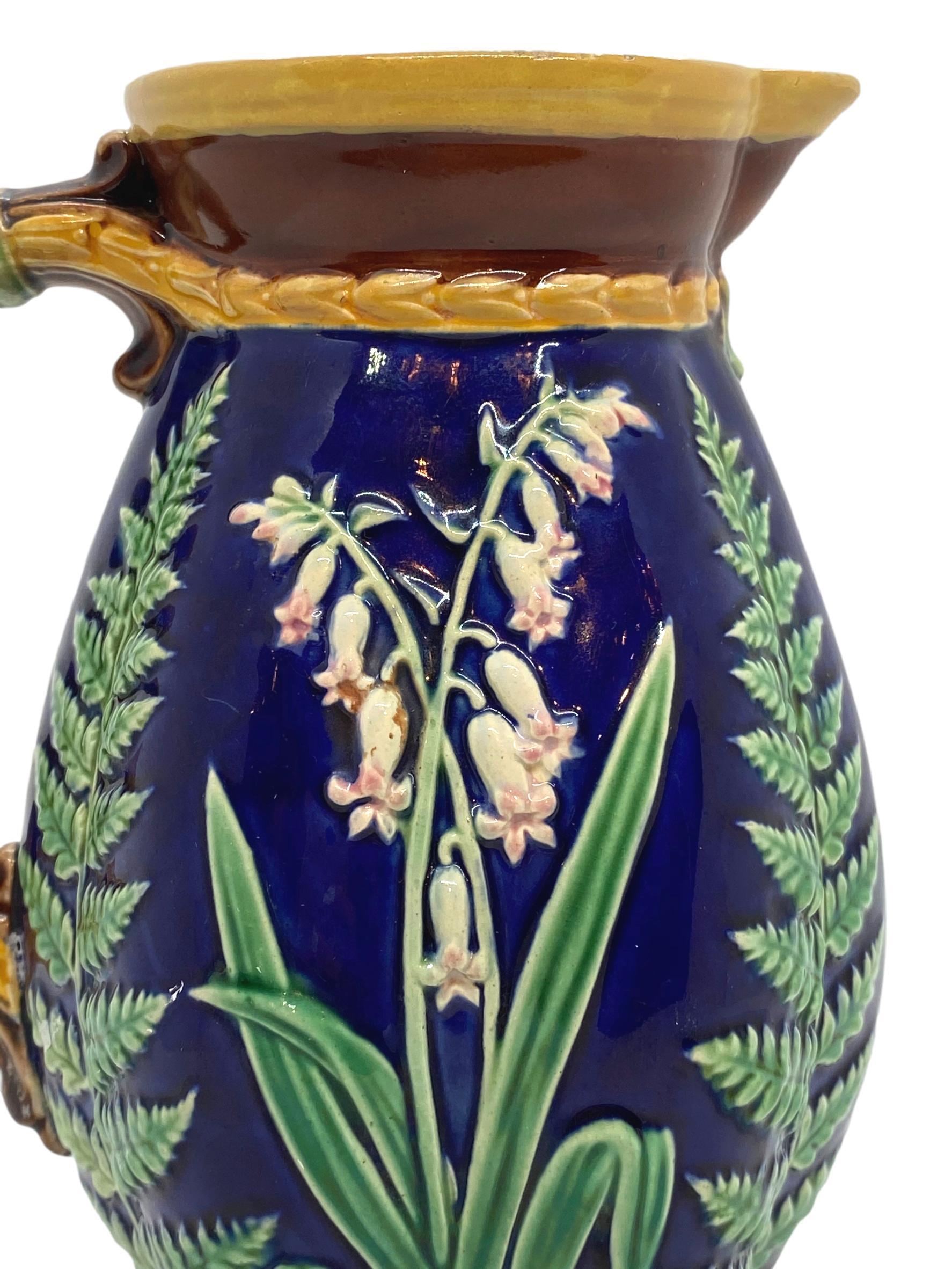 Molded Brown-Westhead Moore Majolica Pitcher Lilies of the Valley and Ferns on Cobalt