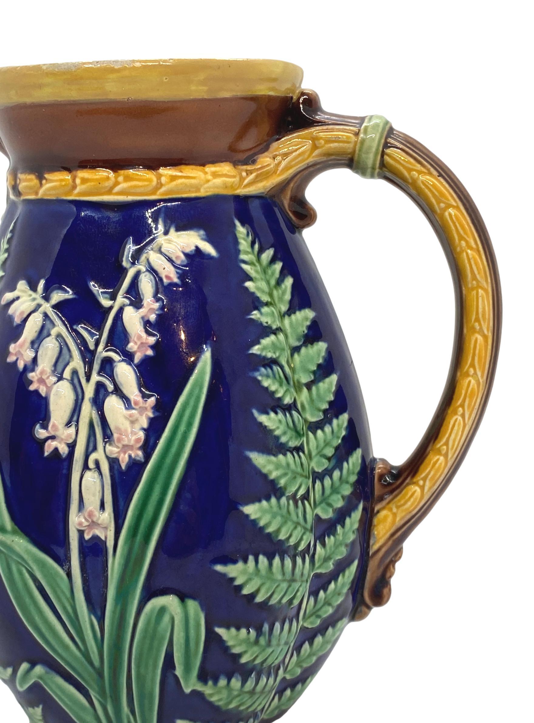 Brown-Westhead Moore Majolica Pitcher Lilies of the Valley and Ferns on Cobalt In Good Condition In Banner Elk, NC
