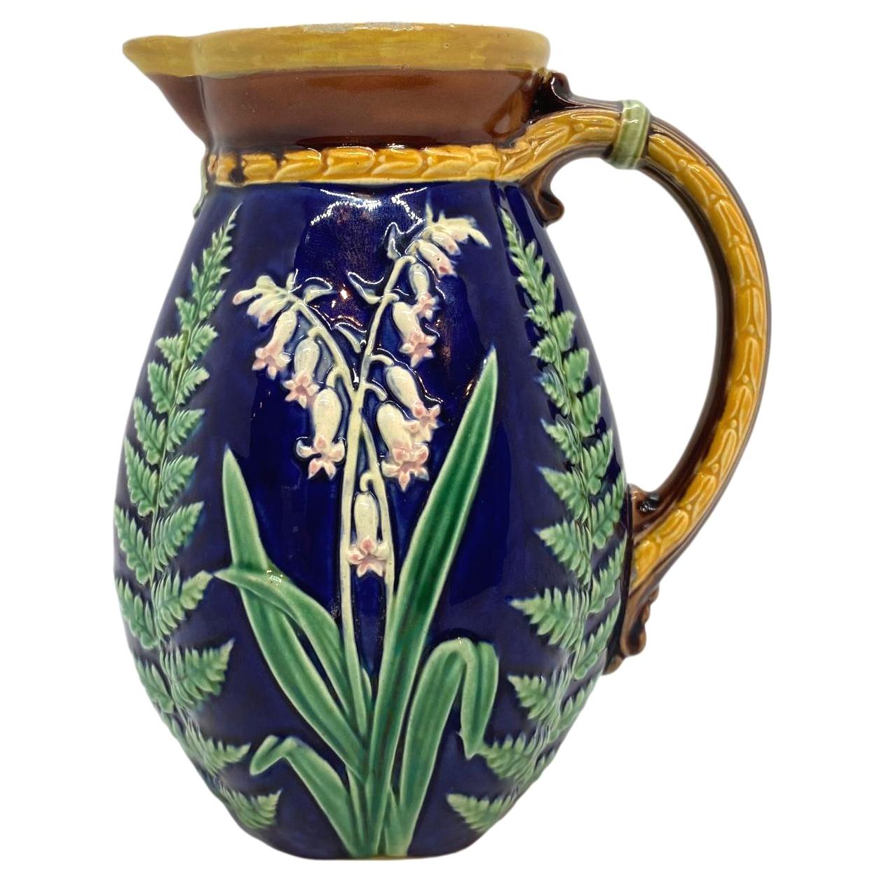Brown-Westhead Moore Majolica Pitcher Lilies of the Valley and Ferns on Cobalt