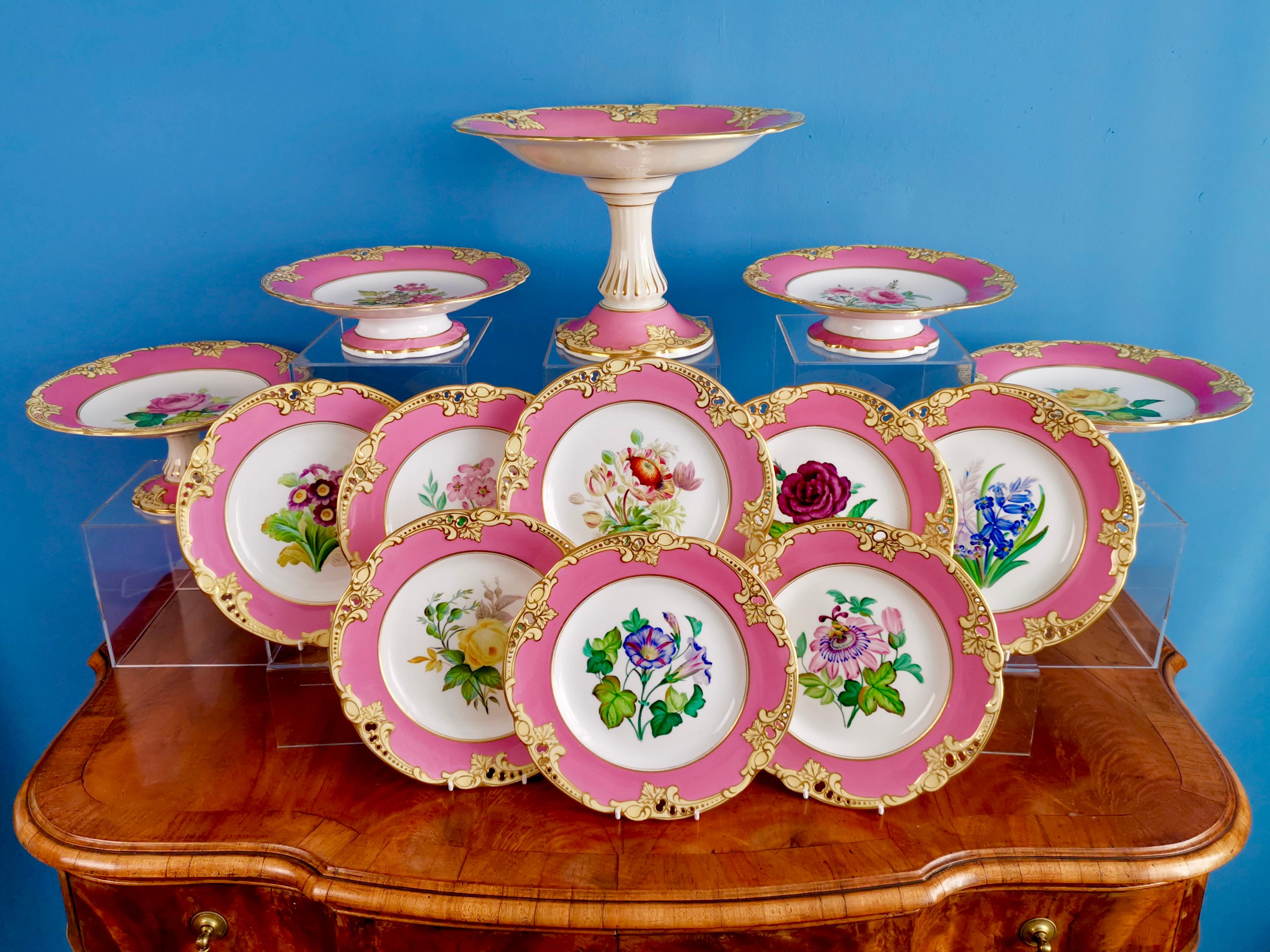 This is a stunning part dessert service from circa 1860 made by Brown Westhead & Moore. The service consists of a high footed tazza, two medium tazzas, two low tazzas and eight plates.

Brown-Westhead & Moore was a continuation of the famous