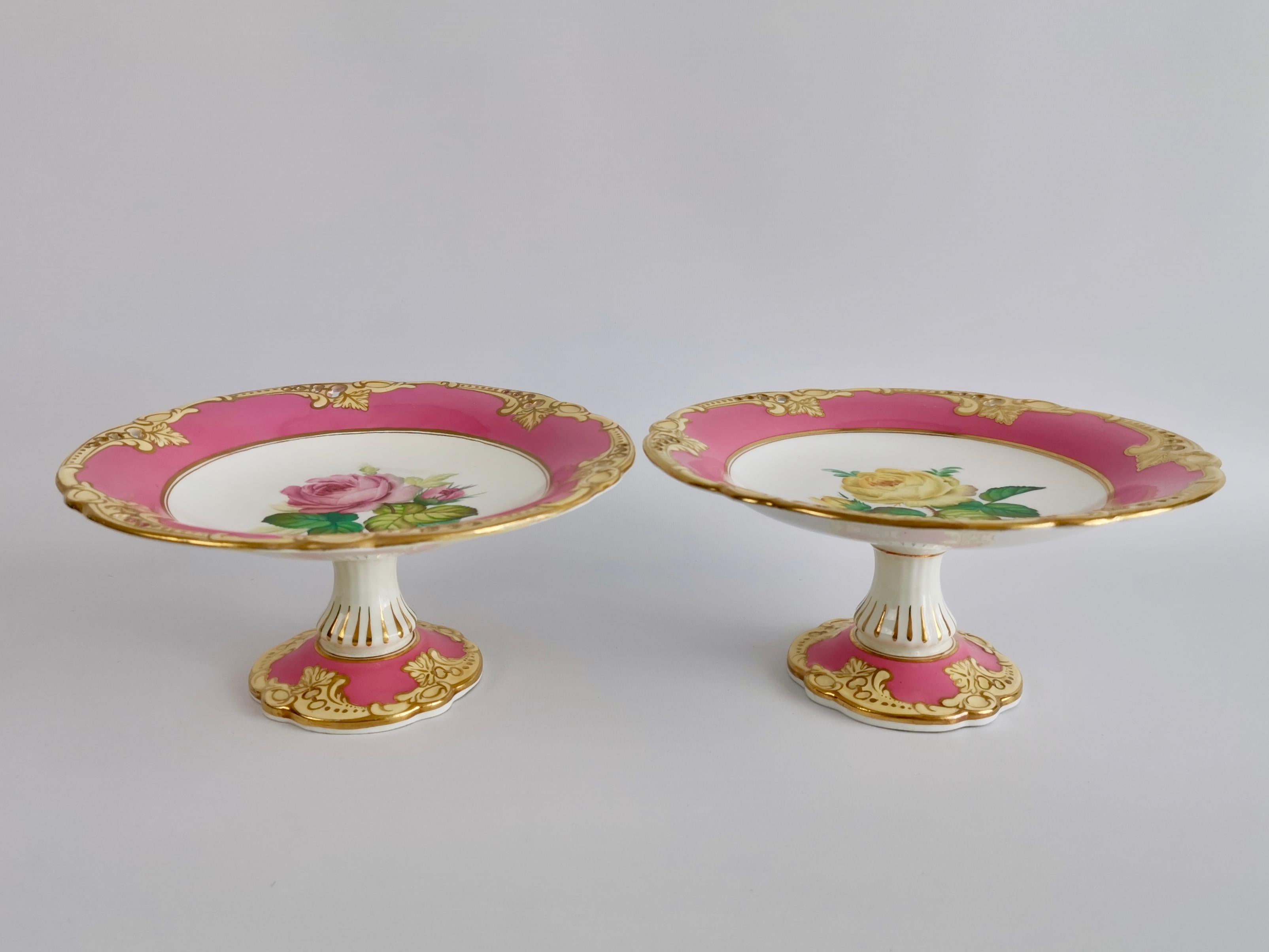 English Brown Westhead & Moore Porcelain Dessert Service, Hot Pink Botanical, circa 1860