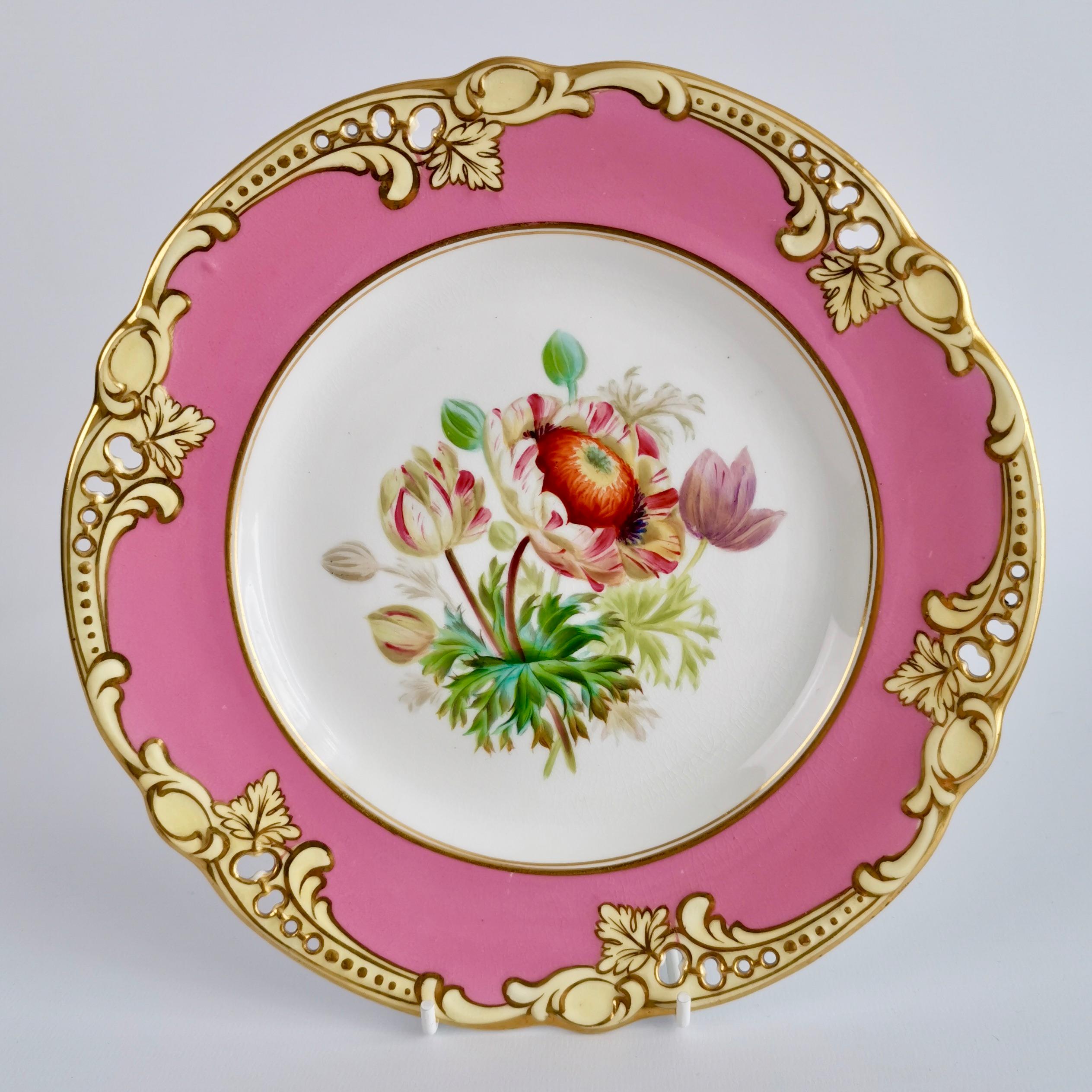 Brown Westhead & Moore Porcelain Dessert Service, Hot Pink Botanical, circa 1860 In Good Condition In London, GB