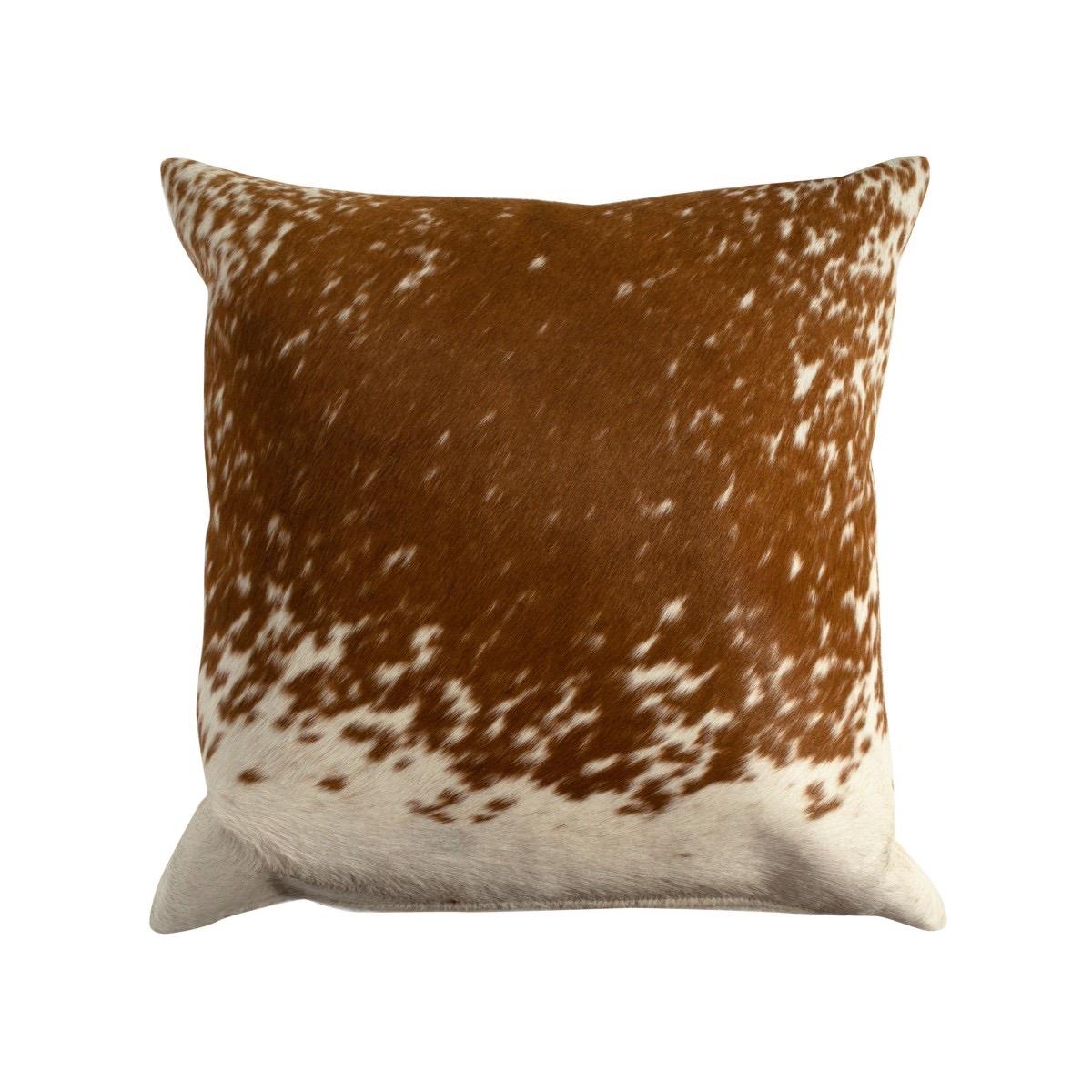 A pair of large custom cowhide throw pillows. Ivory micro suede back, down and feather inserts and zipper closure.

Brown and white coloring.

Dimensions: 24 inches square.