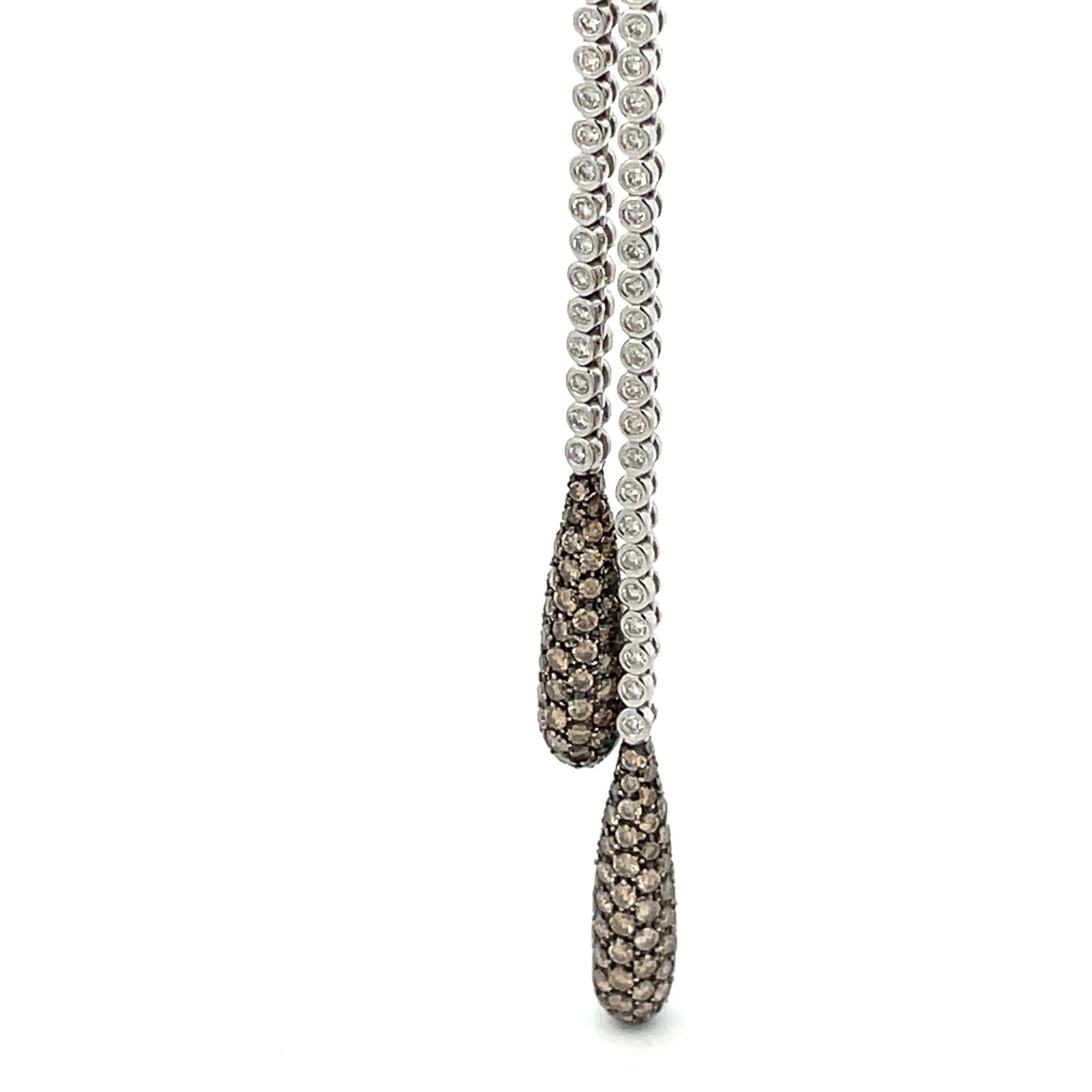 Contemporary Brown & White Diamond Double Pave Drop Necklace in 18 Kt White Gold  For Sale