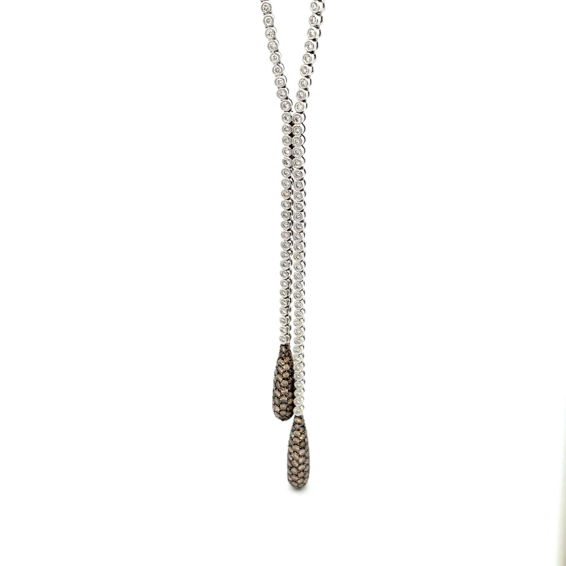 Round Cut Brown & White Diamond Double Pave Drop Necklace in 18 Kt White Gold  For Sale