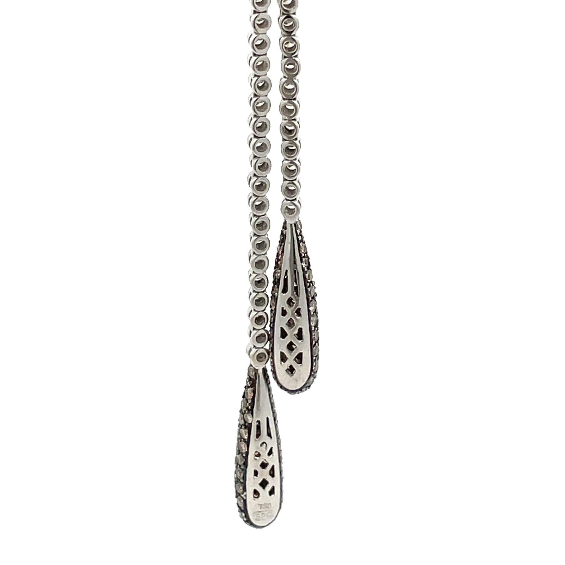 Brown & White Diamond Double Pave Drop Necklace in 18 Kt White Gold  In New Condition For Sale In Westmount, CA