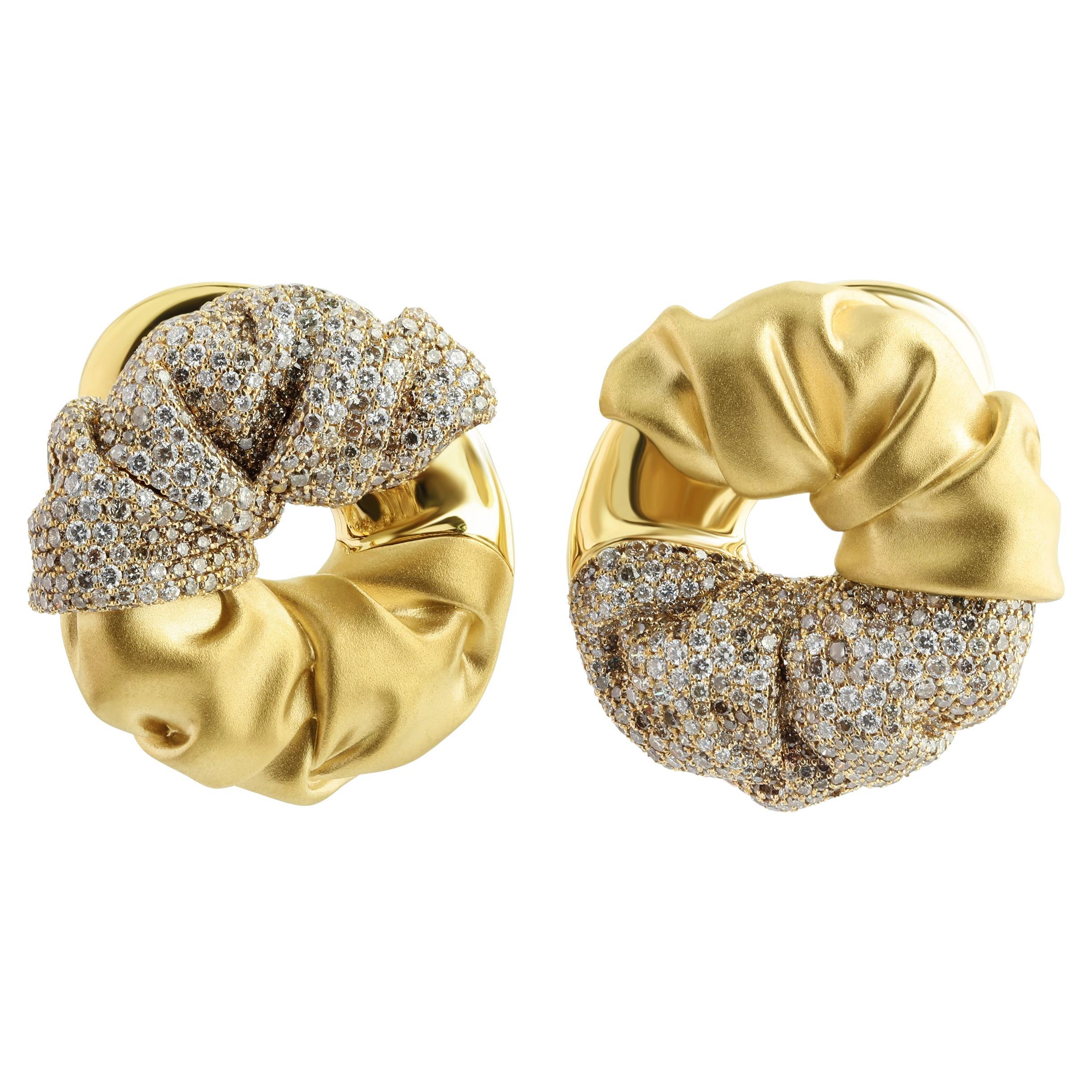 Brown White Diamonds 18 Karat Yellow Gold Earrings For Sale