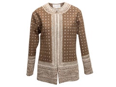 Brown & White Oscar de la Renta Wool & Cashmere-Blend Embroidered Jacket Size