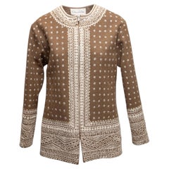 Brown & White Oscar de la Renta Wool & Cashmere-Blend Embroidered Jacket Size