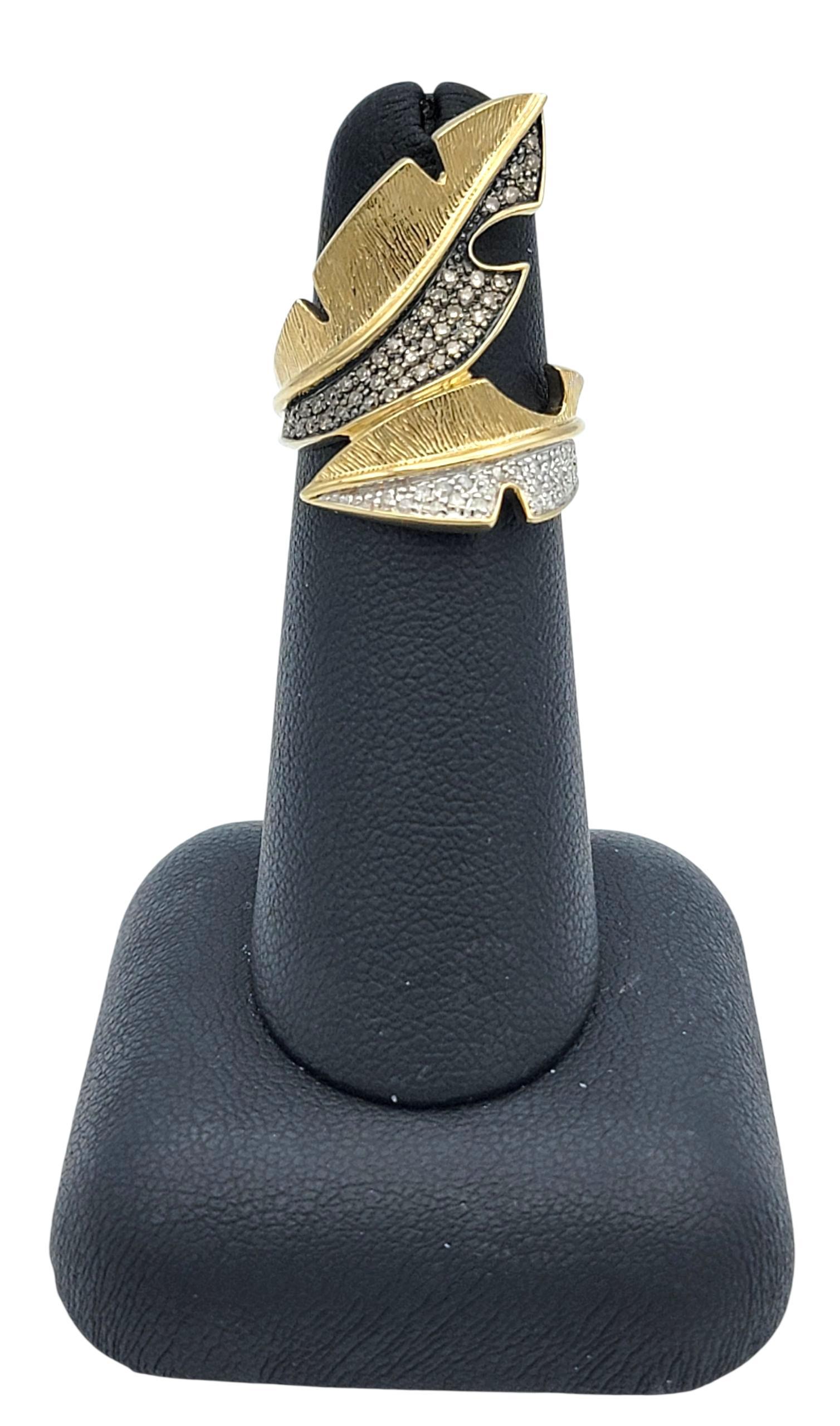 Brown & White Pavé Diamond Feather Motif Bypass Cocktail Ring in 14 Karat Gold For Sale 4