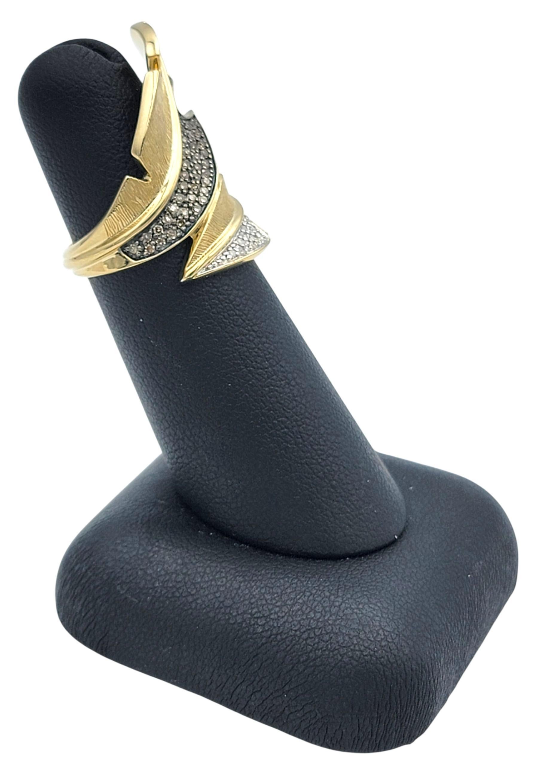 Brown & White Pavé Diamond Feather Motif Bypass Cocktail Ring in 14 Karat Gold For Sale 5