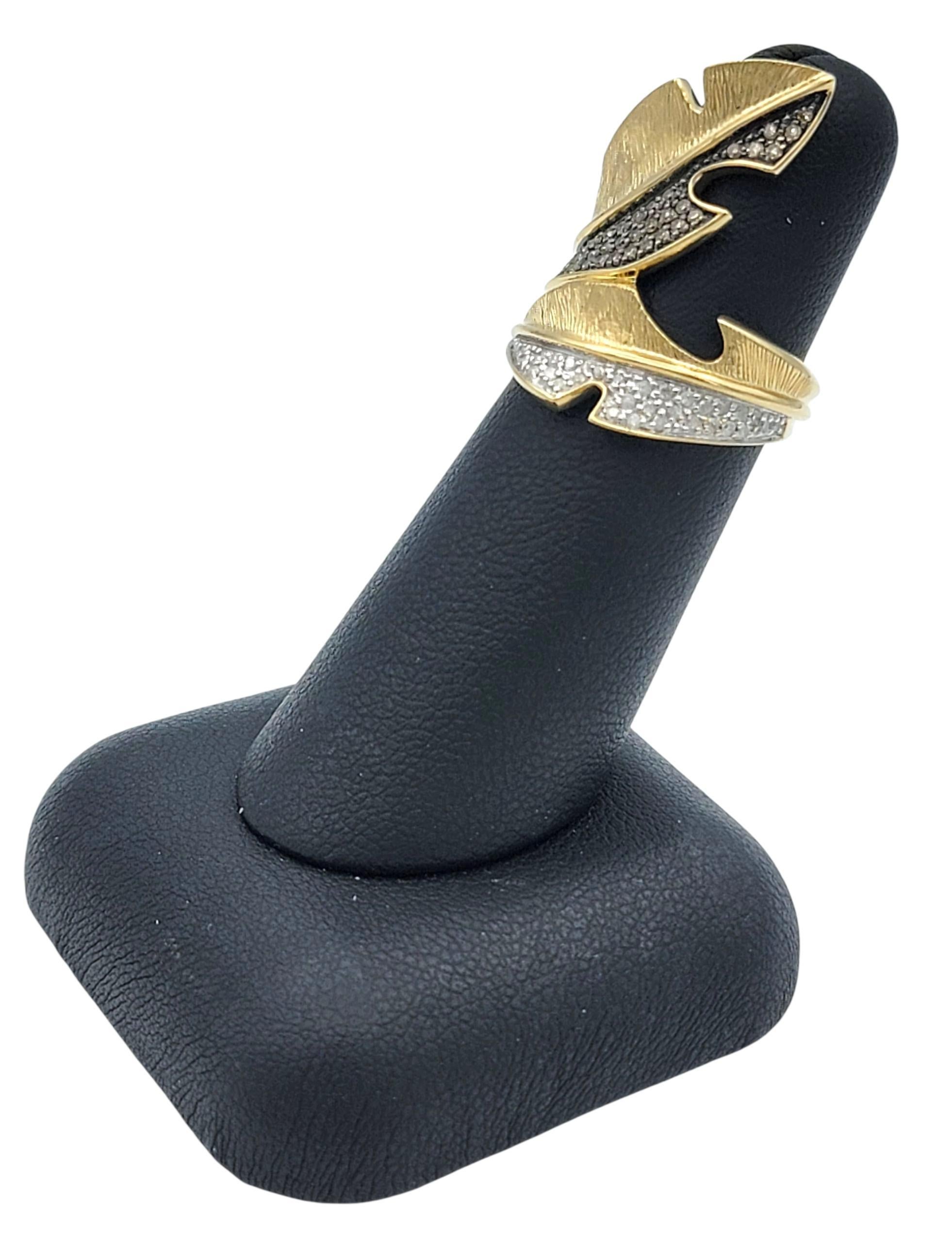 Brown & White Pavé Diamond Feather Motif Bypass Cocktail Ring in 14 Karat Gold For Sale 6
