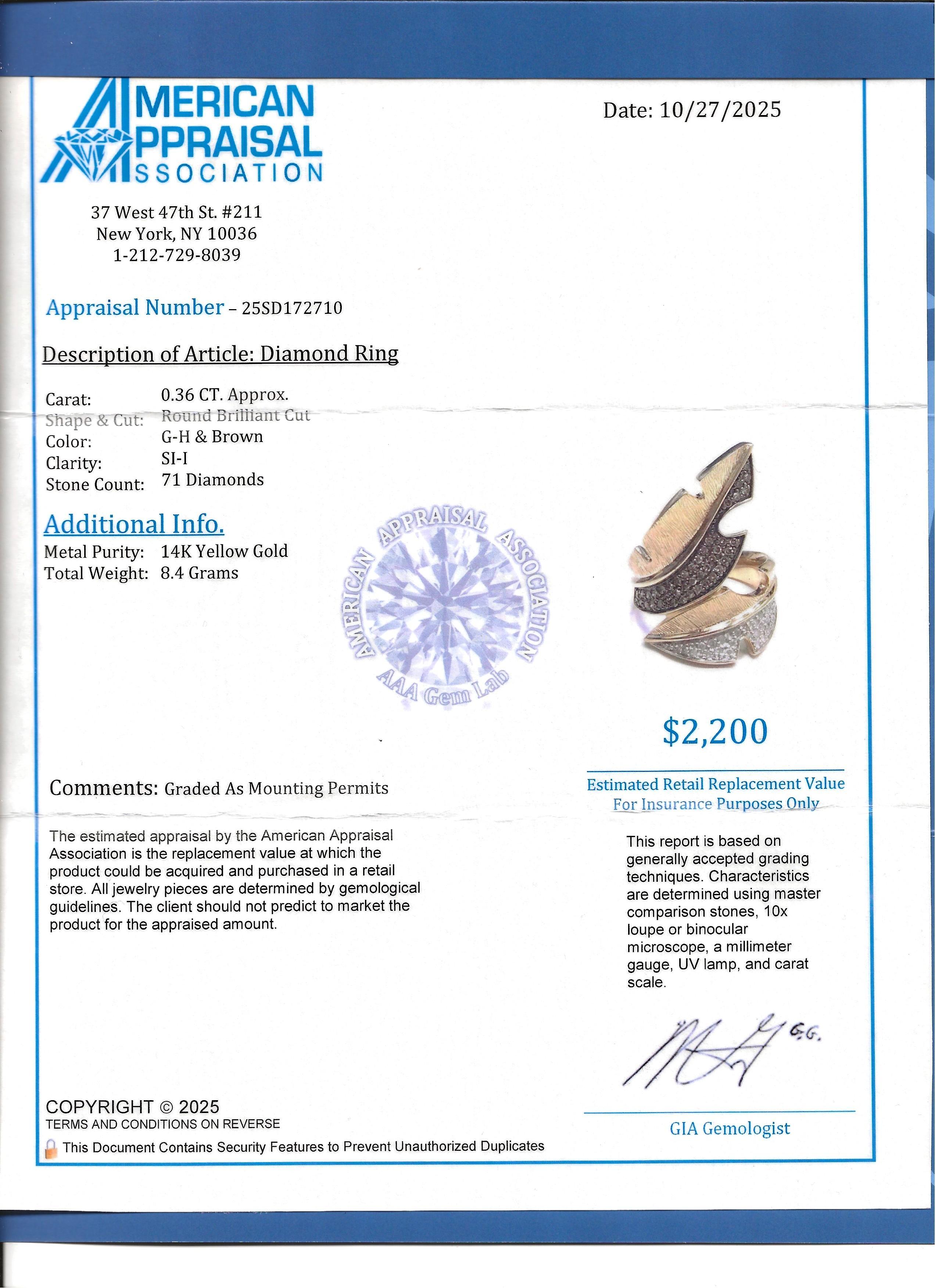 Brown & White Pavé Diamond Feather Motif Bypass Cocktail Ring in 14 Karat Gold For Sale 7