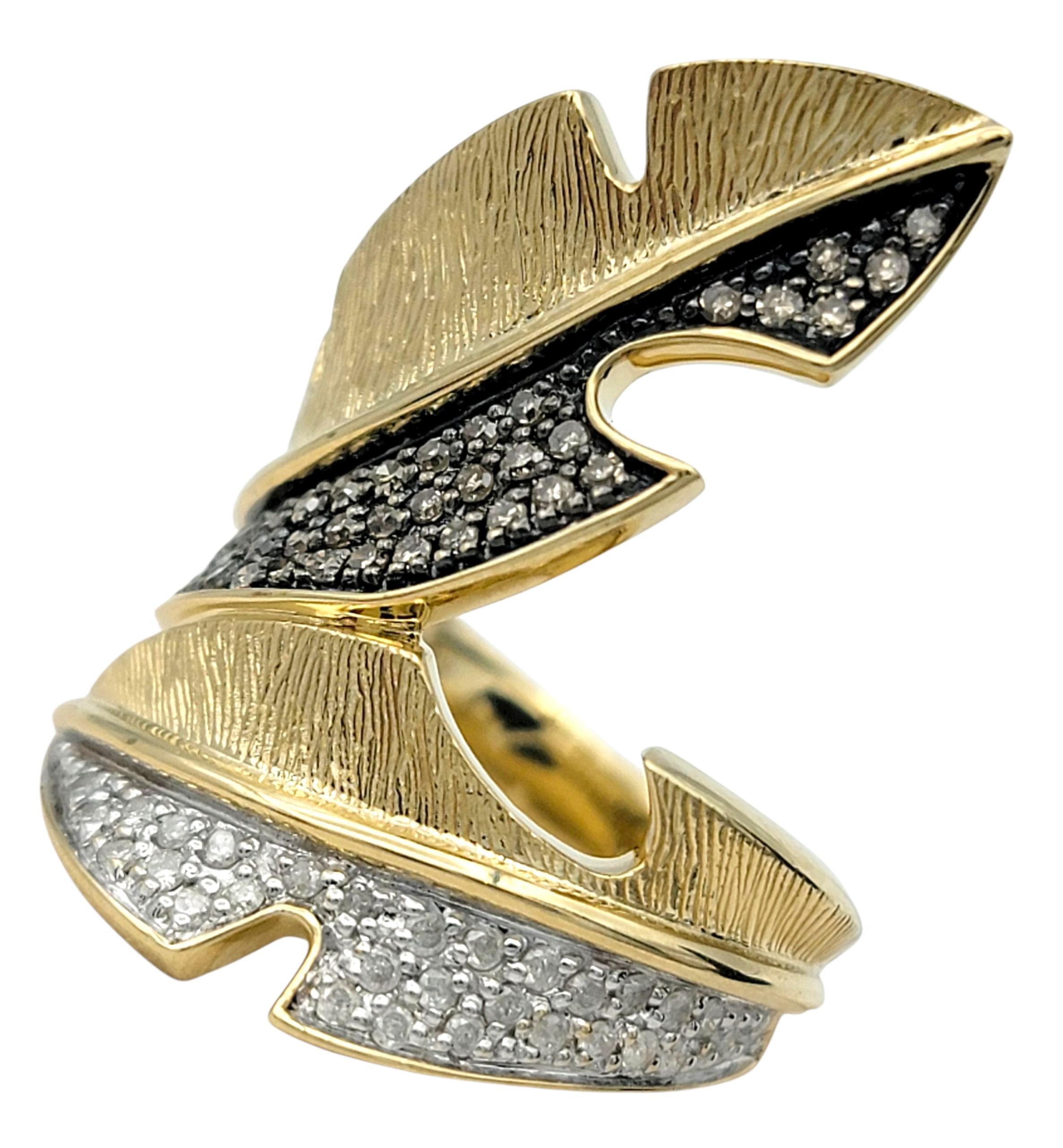 Contemporary Brown & White Pavé Diamond Feather Motif Bypass Cocktail Ring in 14 Karat Gold For Sale