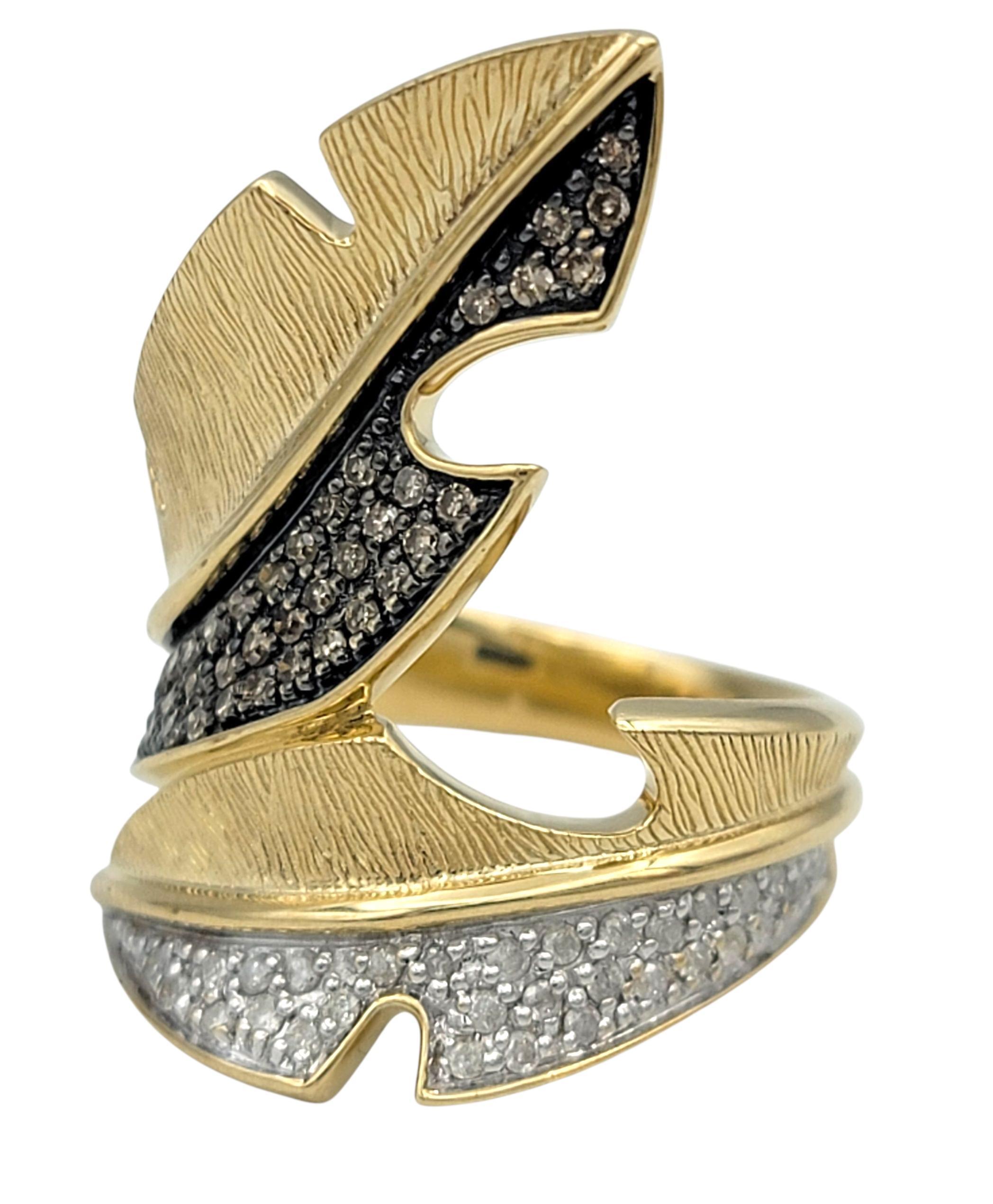 Round Cut Brown & White Pavé Diamond Feather Motif Bypass Cocktail Ring in 14 Karat Gold For Sale