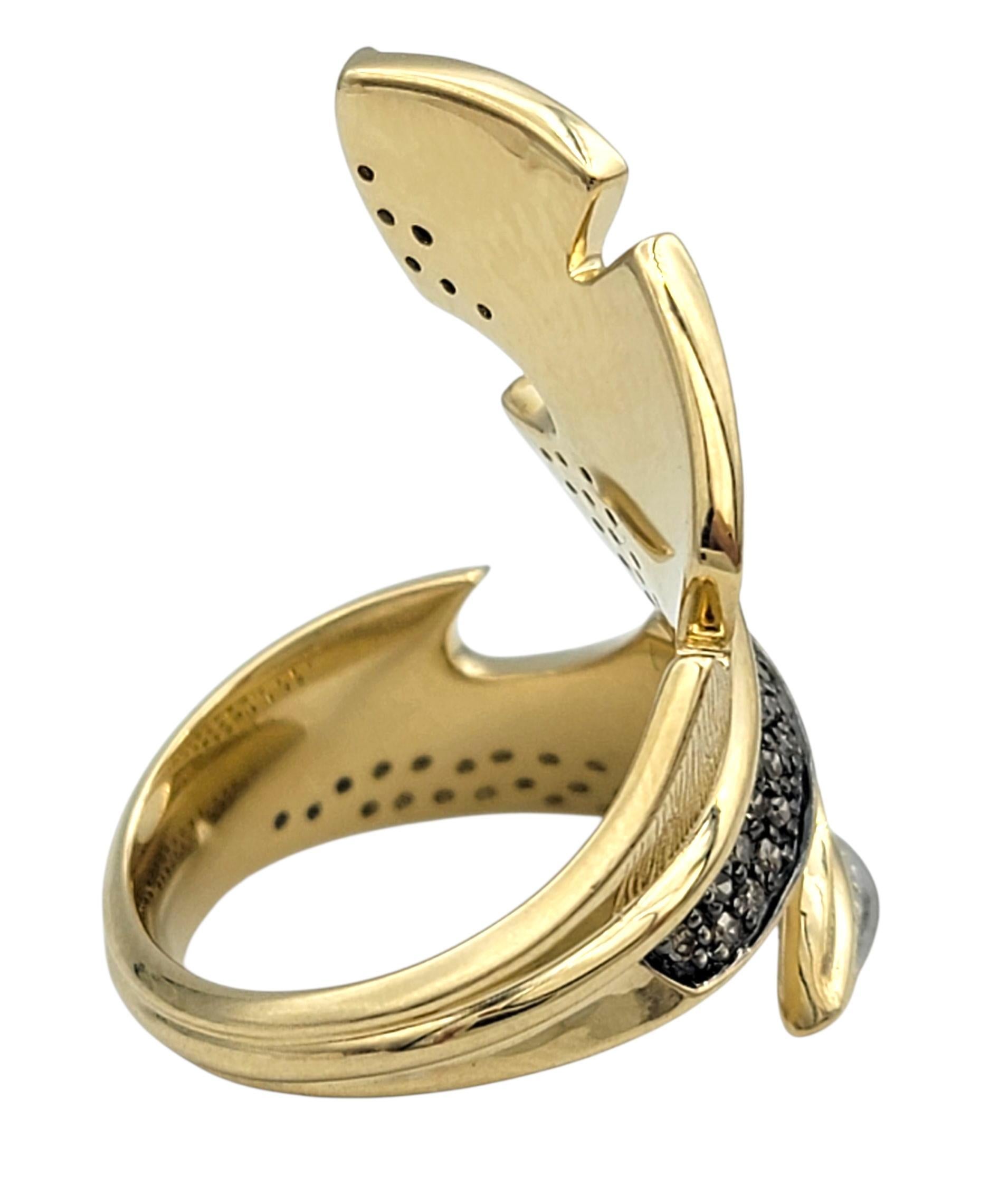 Brown & White Pavé Diamond Feather Motif Bypass Cocktail Ring in 14 Karat Gold In Excellent Condition For Sale In Scottsdale, AZ