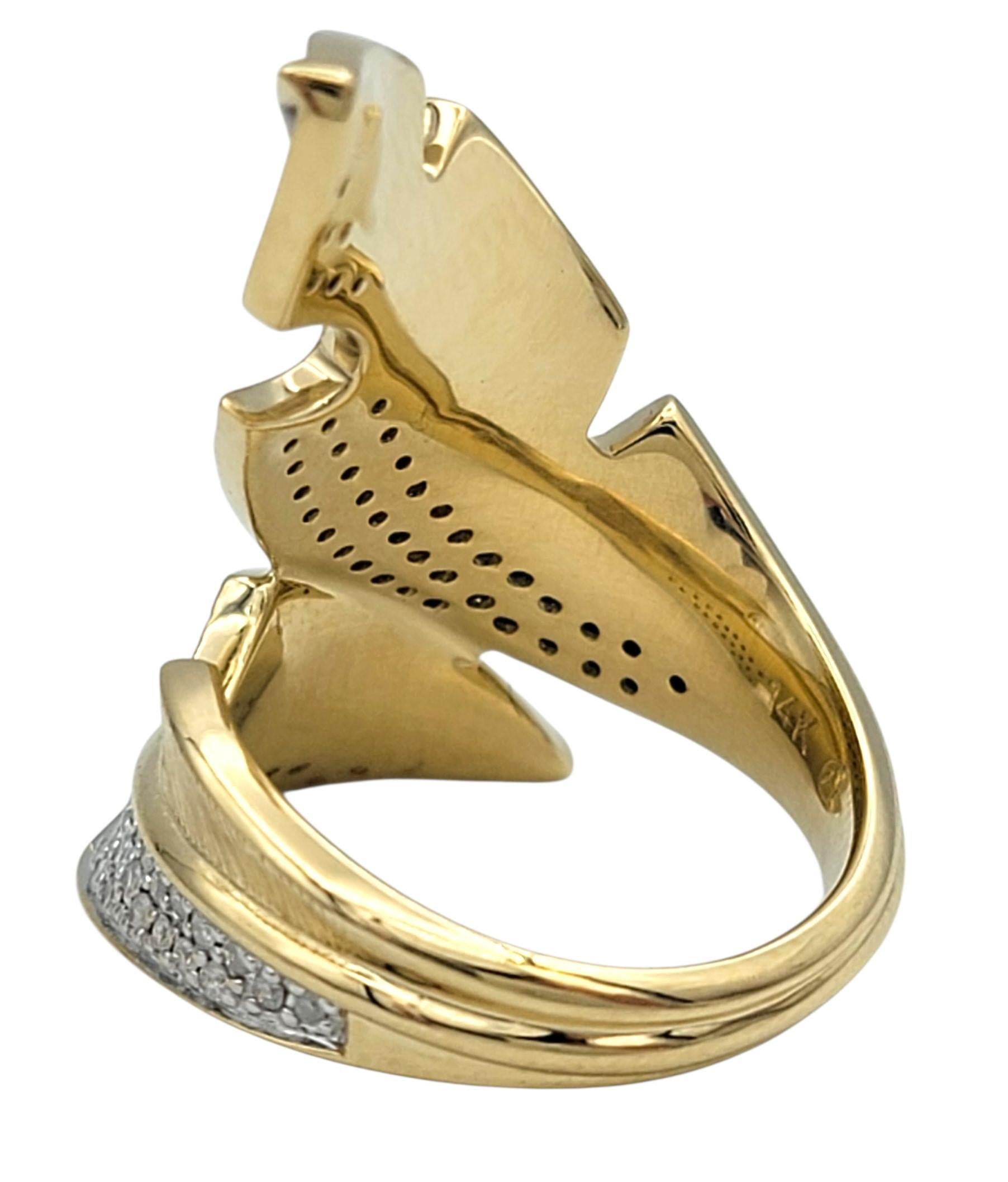 Women's Brown & White Pavé Diamond Feather Motif Bypass Cocktail Ring in 14 Karat Gold For Sale