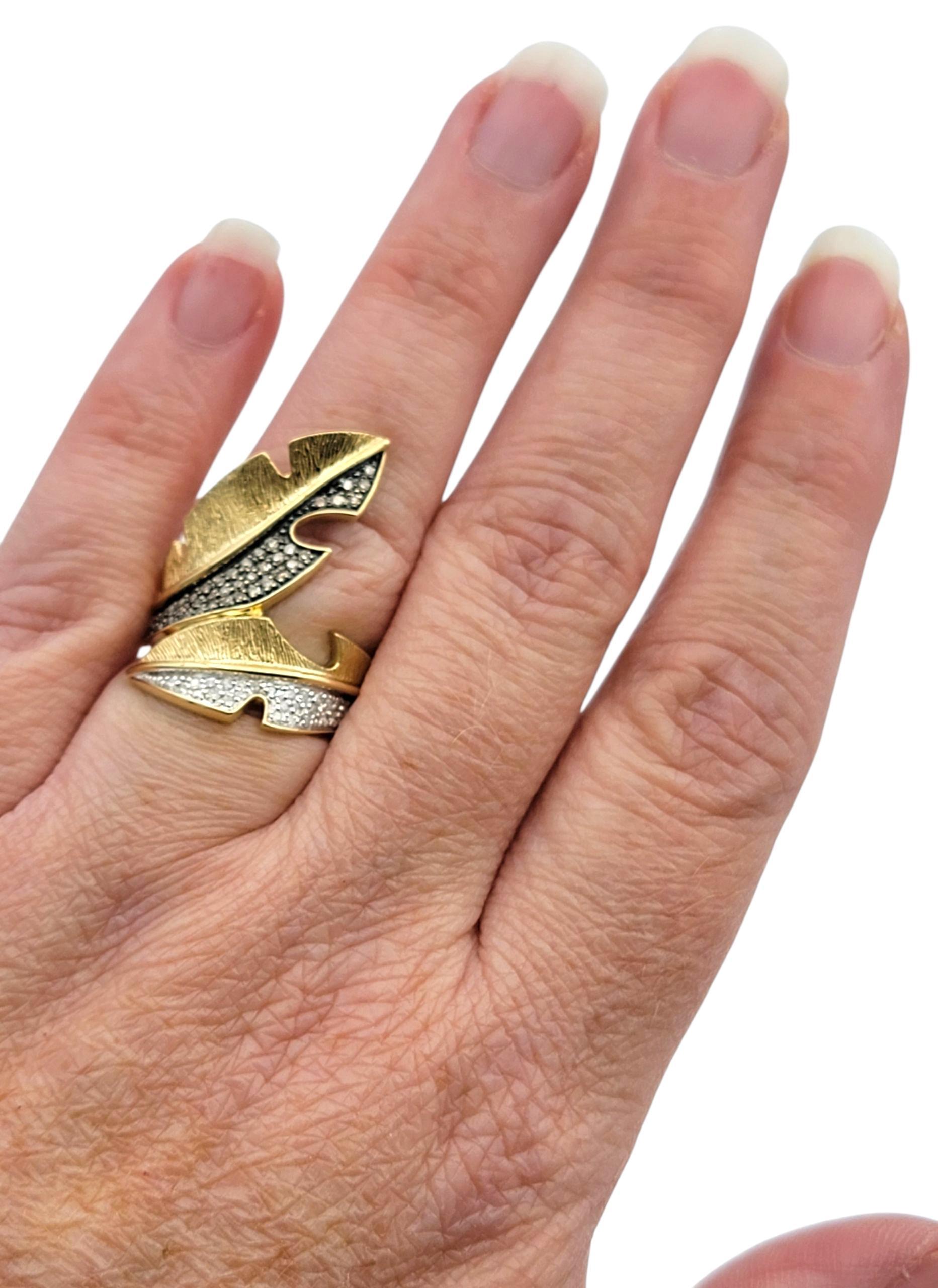 Brown & White Pavé Diamond Feather Motif Bypass Cocktail Ring in 14 Karat Gold For Sale 2