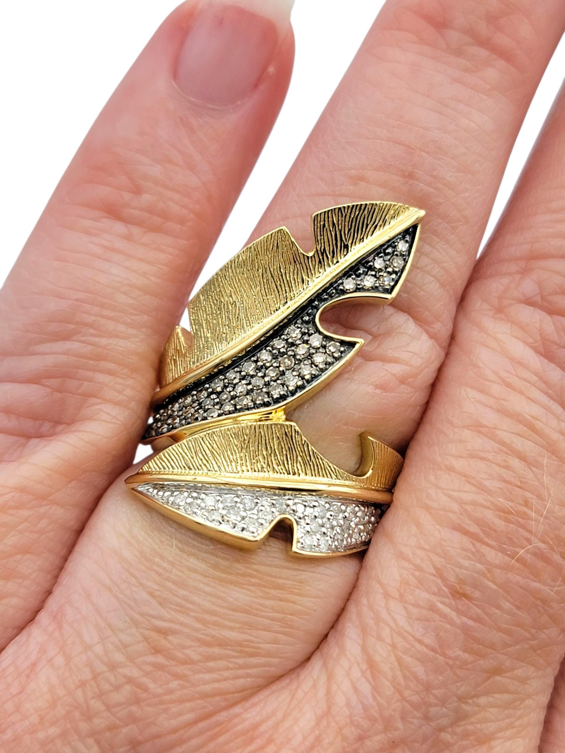 Brown & White Pavé Diamond Feather Motif Bypass Cocktail Ring in 14 Karat Gold For Sale 3
