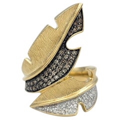 Brown & White Pavé Diamond Feather Motif Bypass Cocktail Ring in 14 Karat Gold