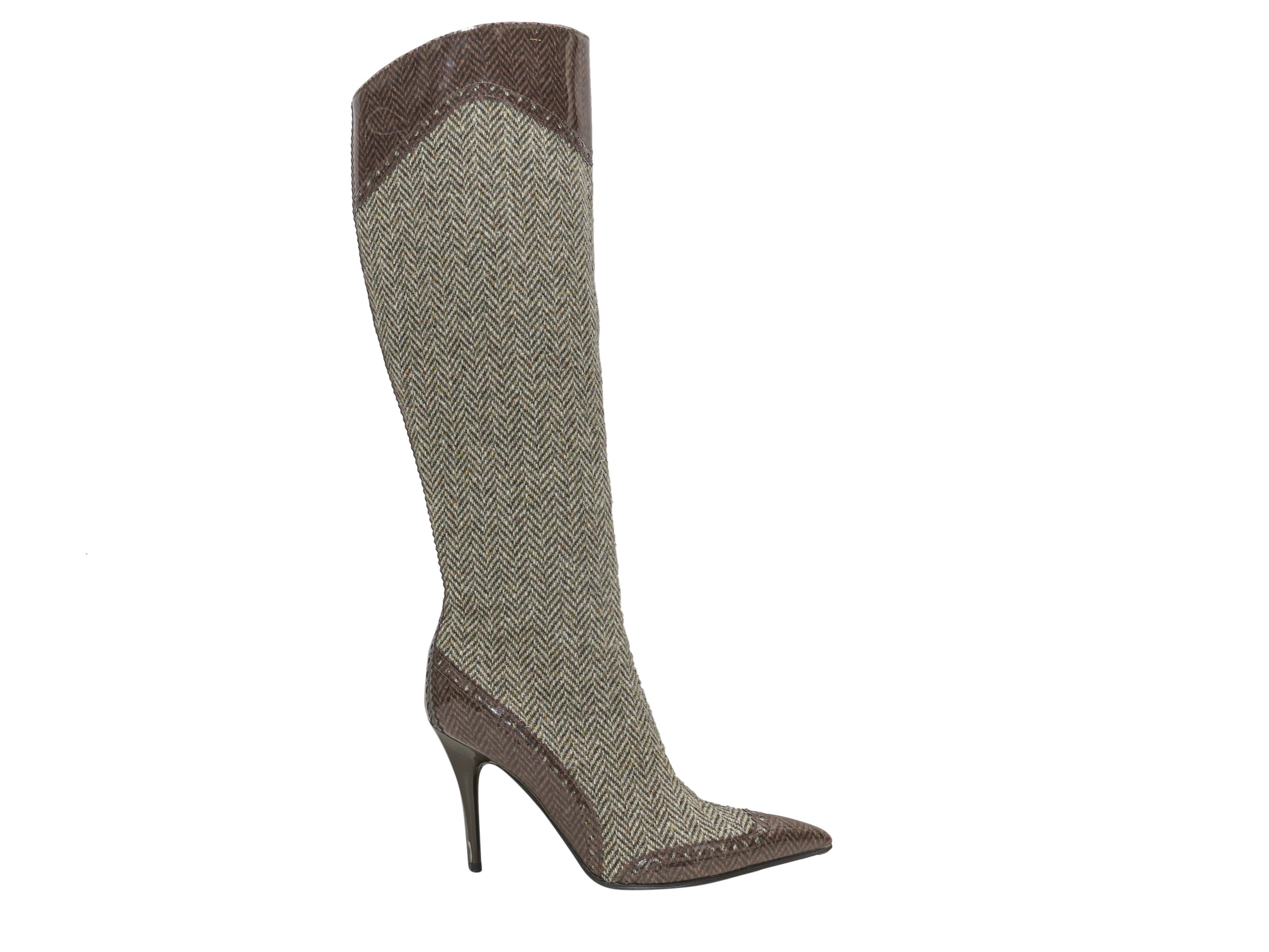 Brown & White Stella McCartney Fischgrätenmuster Kniestiefel Größe 36
