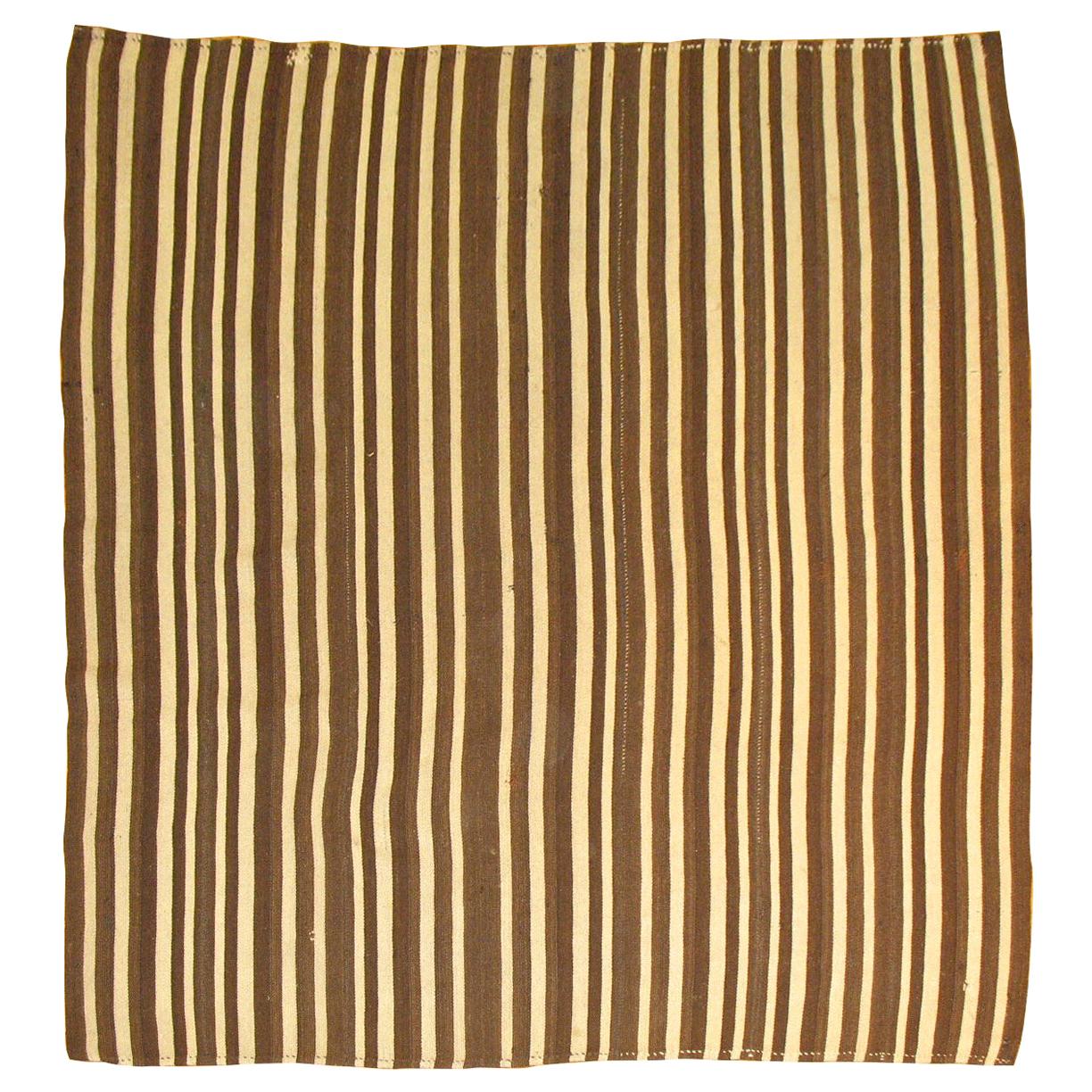 Brown White Stripe Mid-Century Modern Vintage Turkish Striped Square Size Kilim