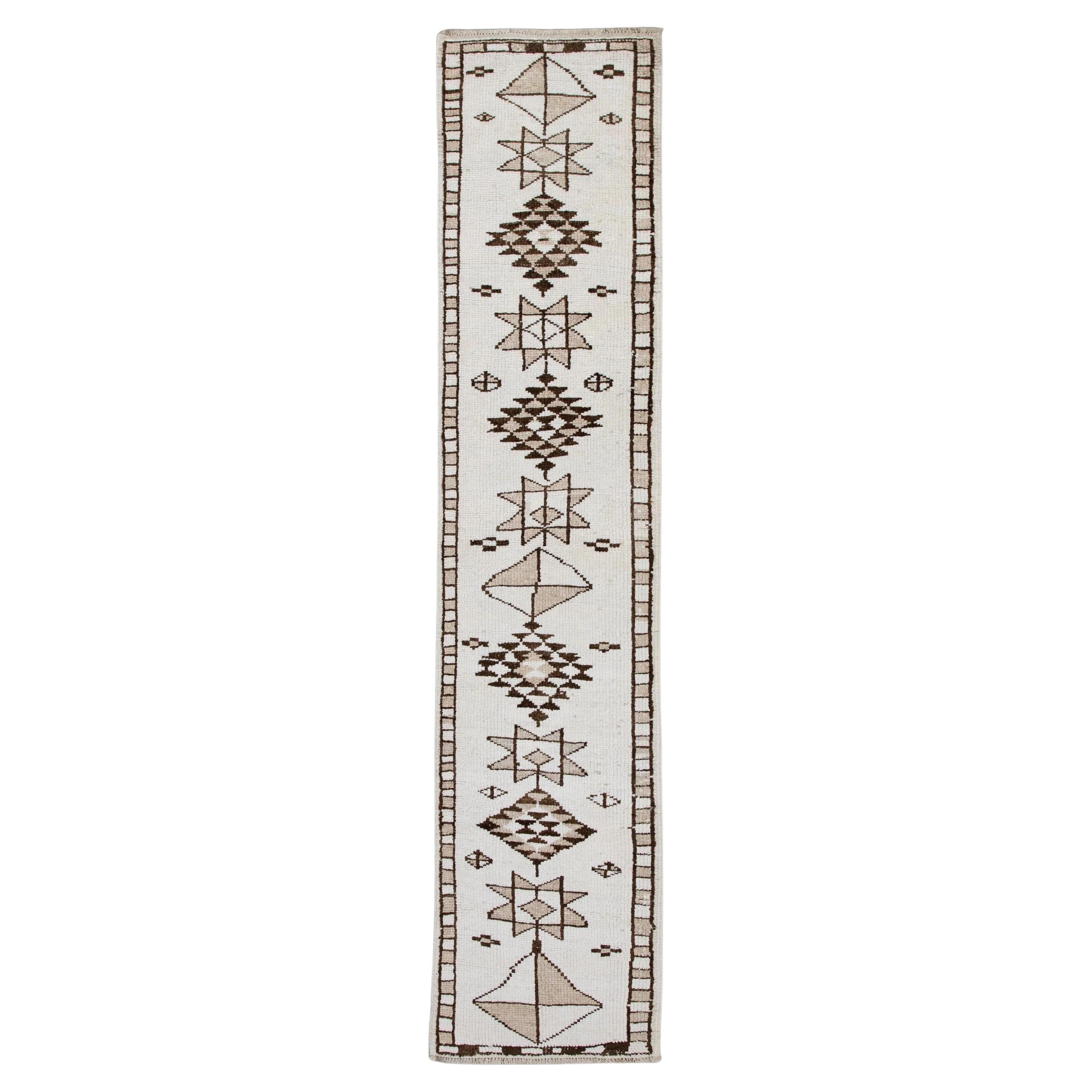 Brown & White Vintage Turkish Runner 2'9" x 12'2" For Sale