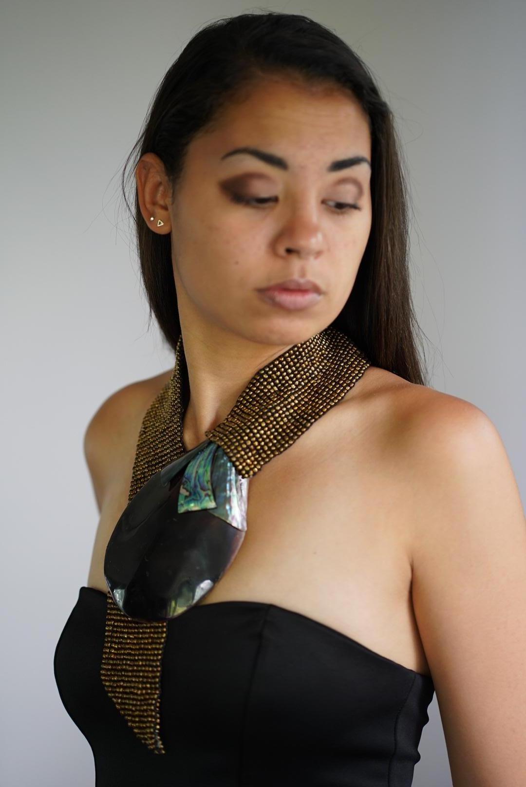 Women's Brown with Brown Green Iridescent Nacre Sustainable Eco-luxe Statement Necklace For Sale