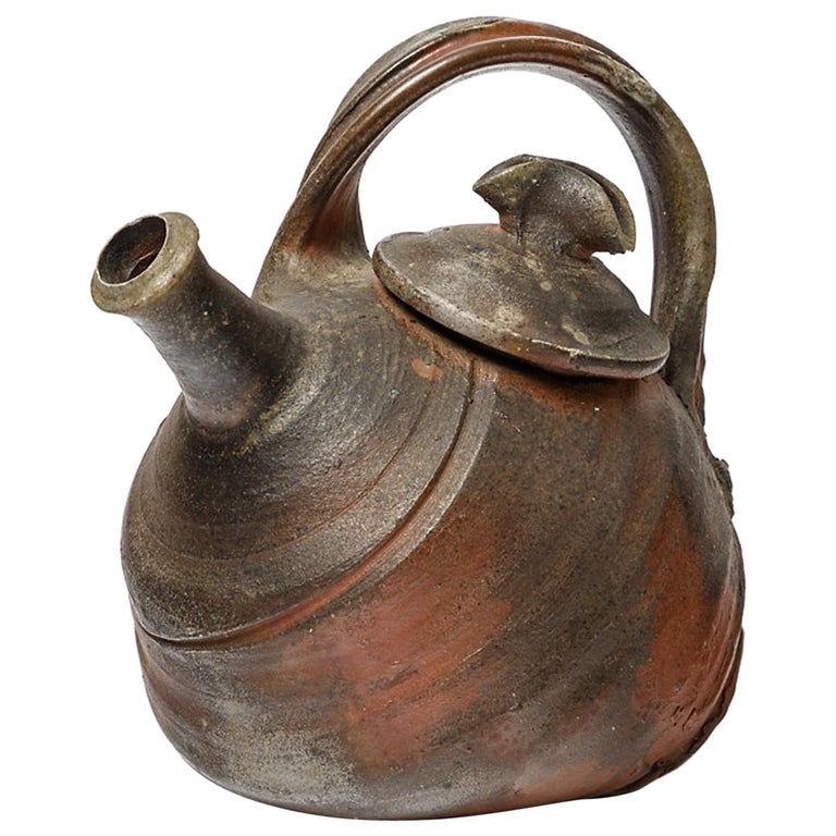 Brown Wood-Firing Ceramic Tea Pot by Jo Miquel  1993 mid-century French Design For Sale