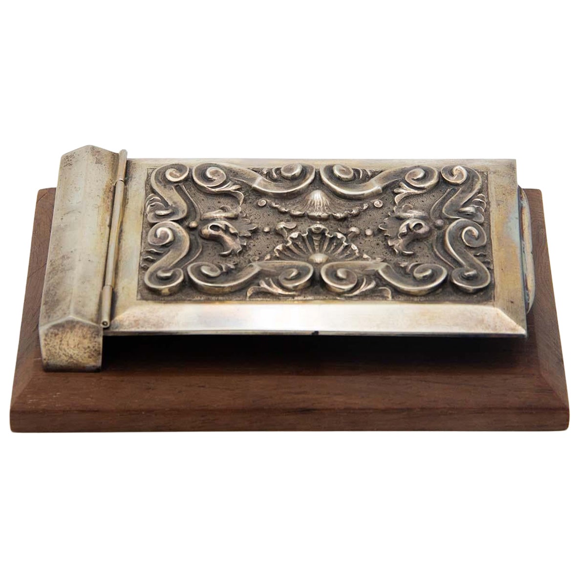 Brown wooden notepad holder with silver accents For Sale
