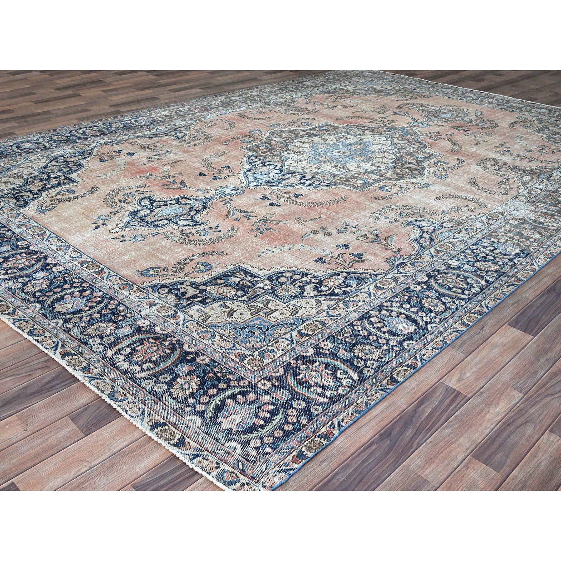 Hand-Knotted Brown Wool Hand Knotted Vintage Persian Tabriz Clean Evenly Worn Distressed Rug For Sale