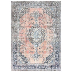 Brown Wool Hand Knotted Vintage Persian Tabriz Clean Evenly Worn Distressed Rug