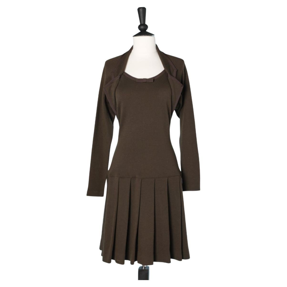Brown wool jersey day dress with gros-grain piping and bow Chantal Thomass  For Sale