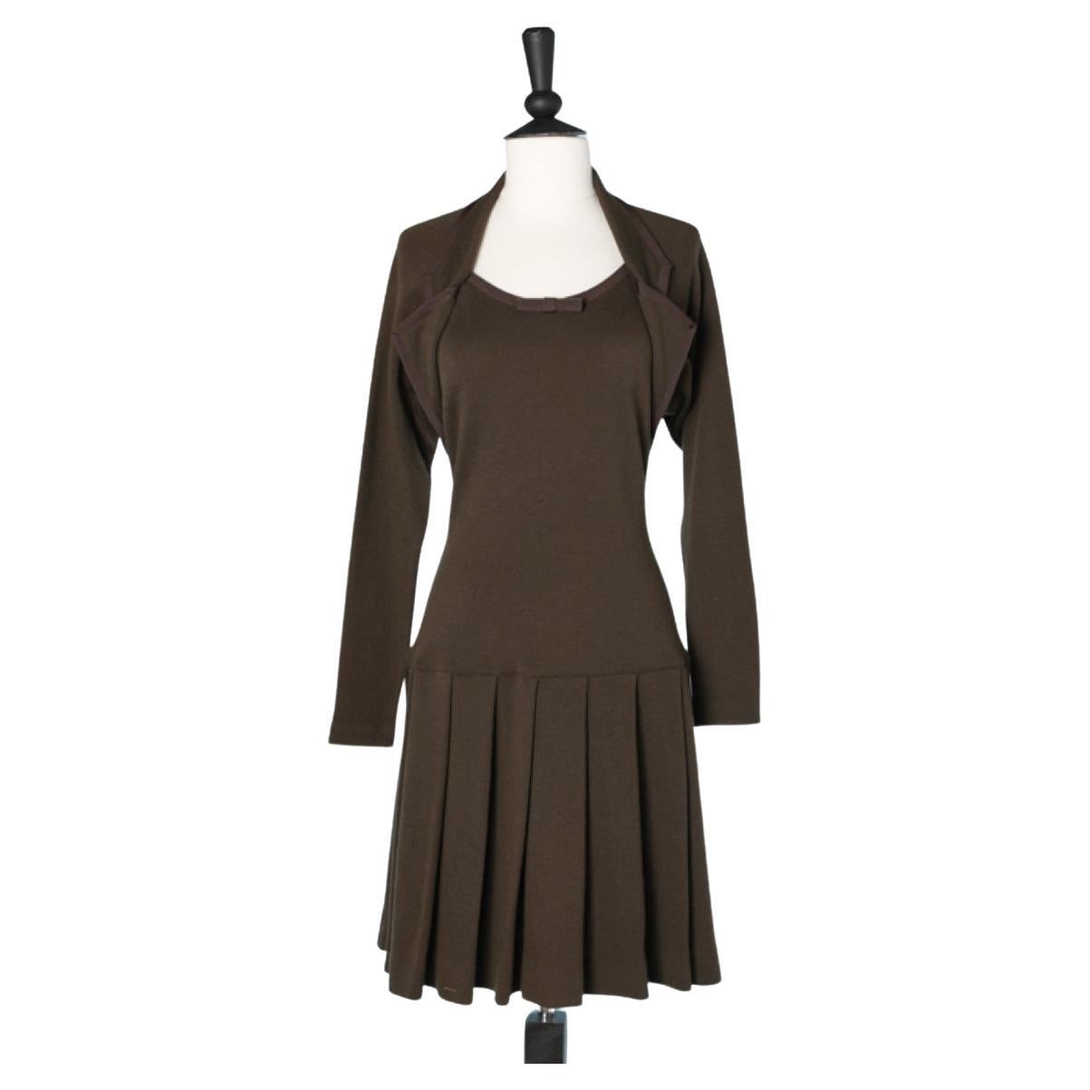 Brown wool jersey day dress with gros-grain piping and bow Chantal Thomass For Sale