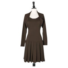 Brown wool jersey day dress with gros-grain piping and bow Chantal Thomass 