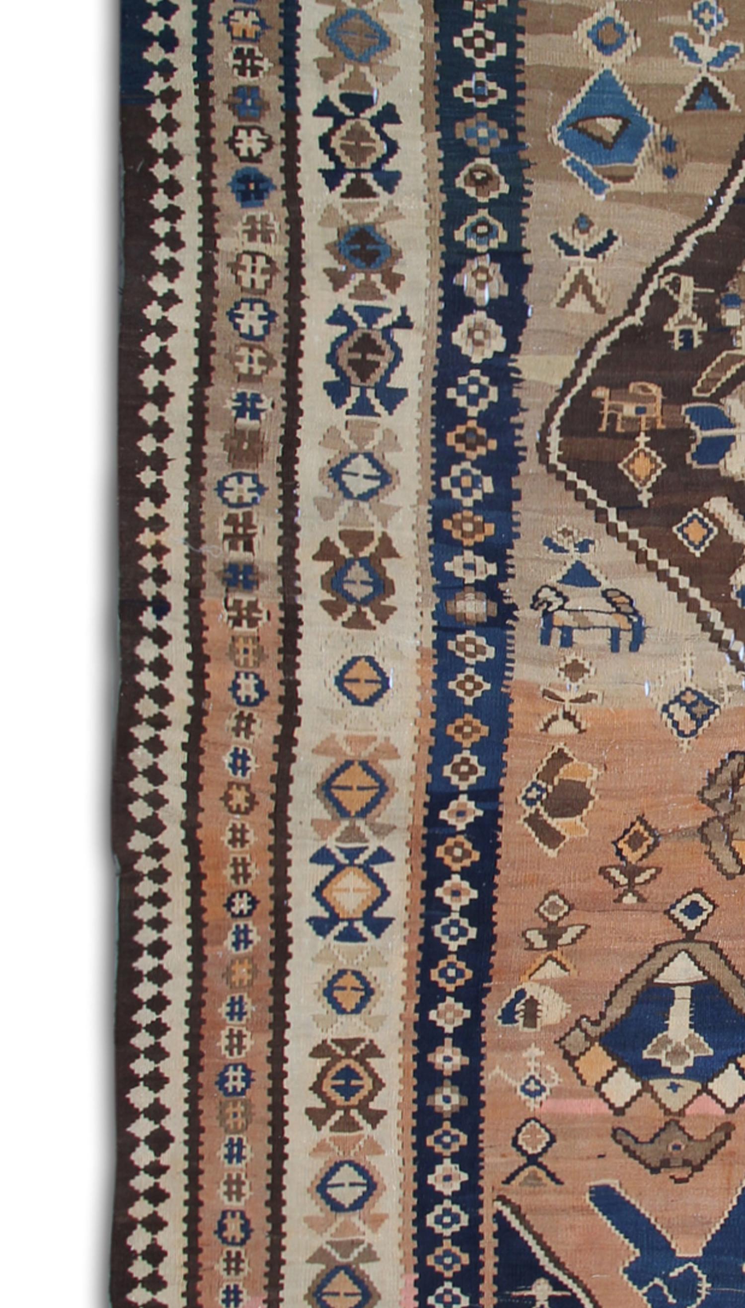 Kazak Brown Wool Kilim Rug Antique Carpet Traditional Flat-Woven Area Rug For Sale