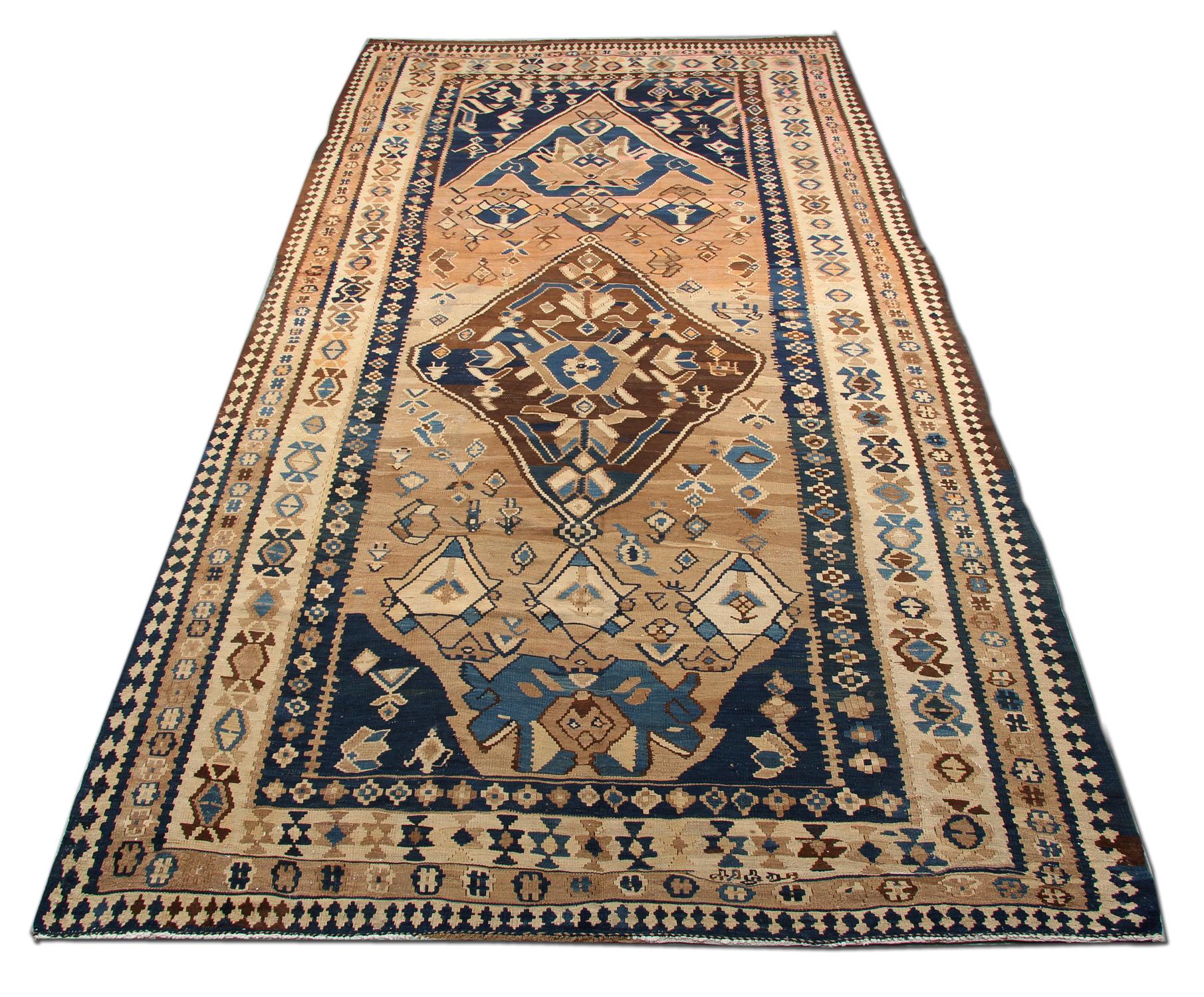 Hand-Knotted Brown Wool Kilim Rug Antique Carpet Traditional Flat-Woven Area Rug For Sale