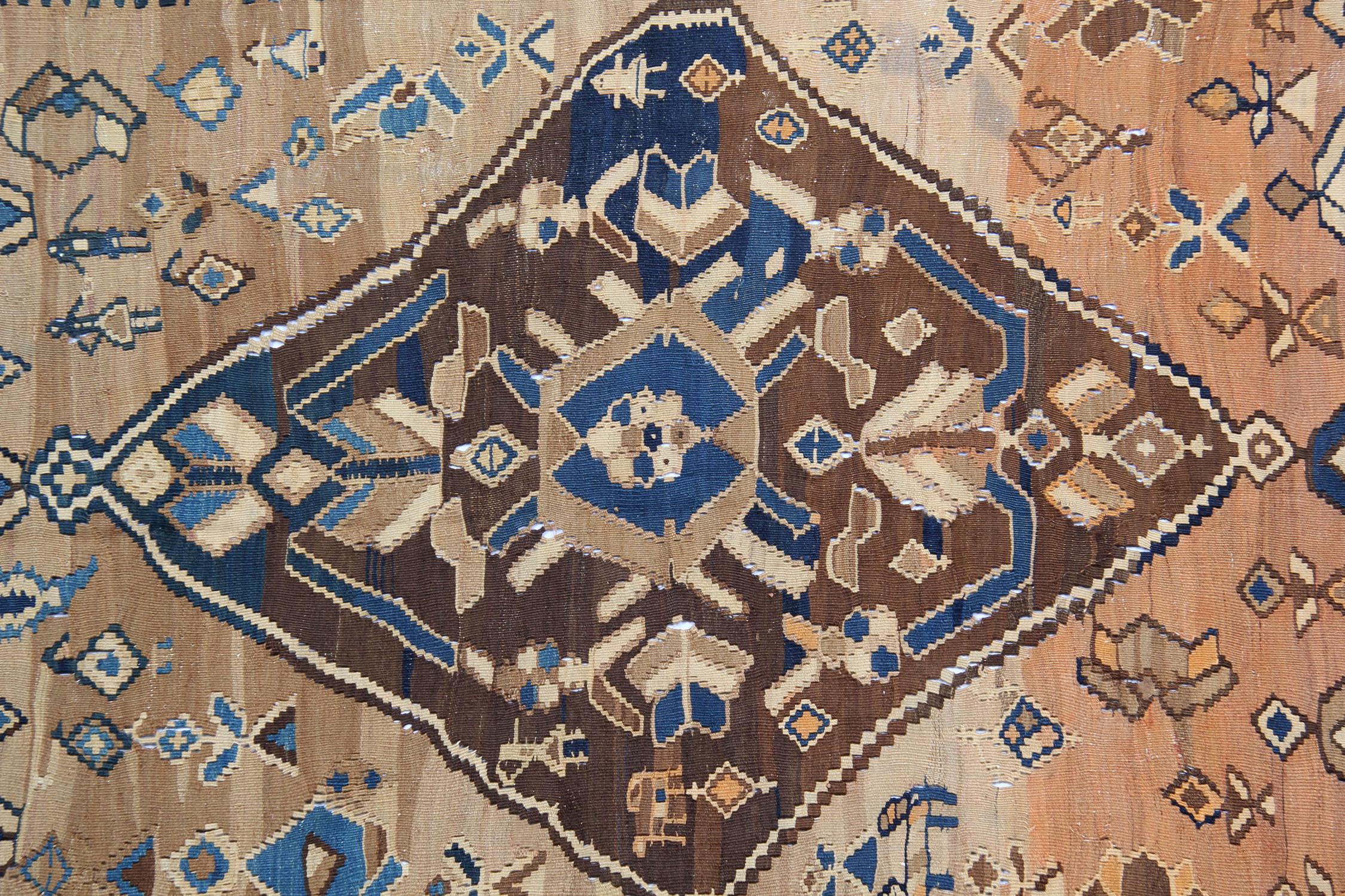 Brown Wool Kilim Rug Antique Carpet Traditional Flat-Woven Area Rug (Baumwolle) im Angebot